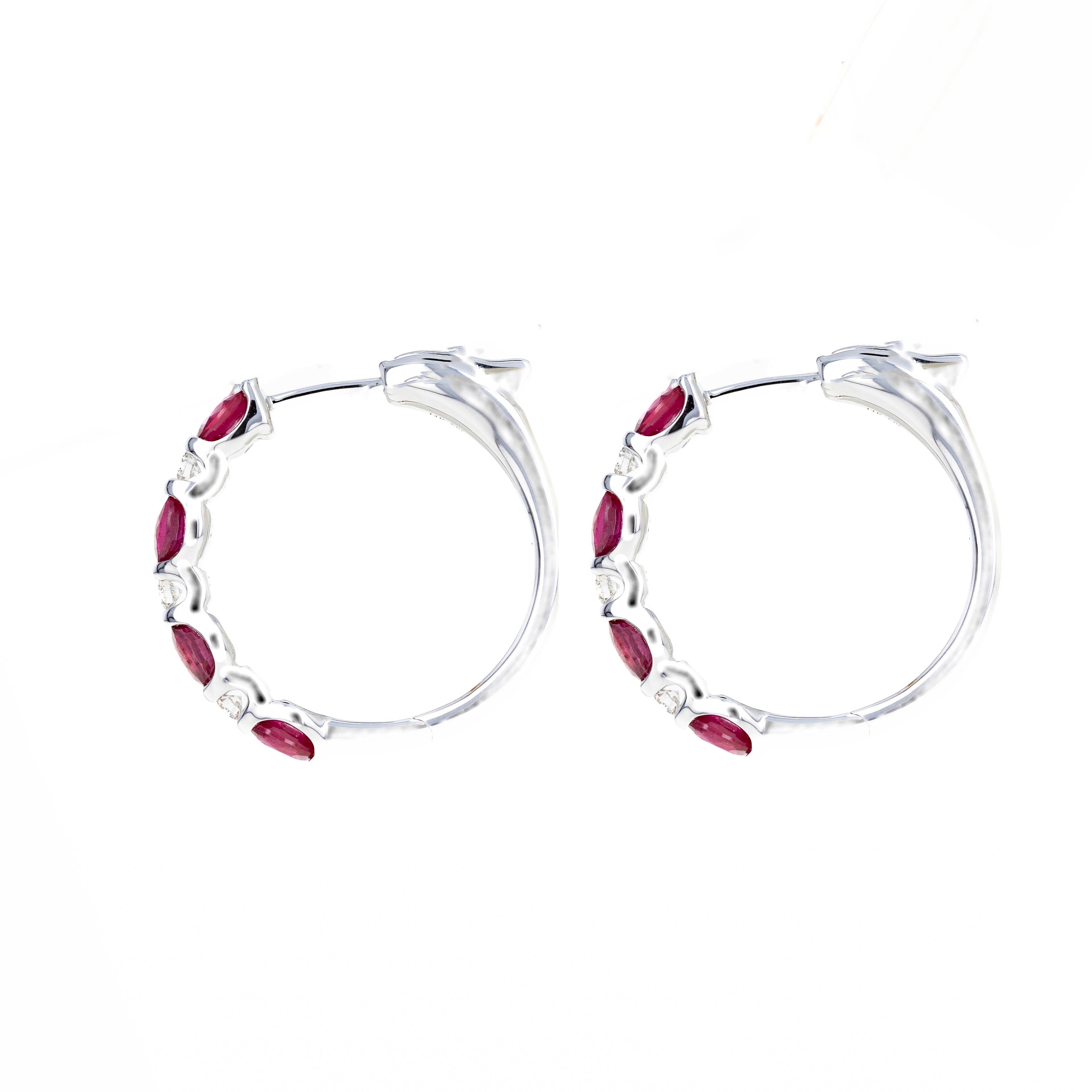 14K White Gold 1.75 Carat Ruby Diamond Station Hoop Earrings - Queen May