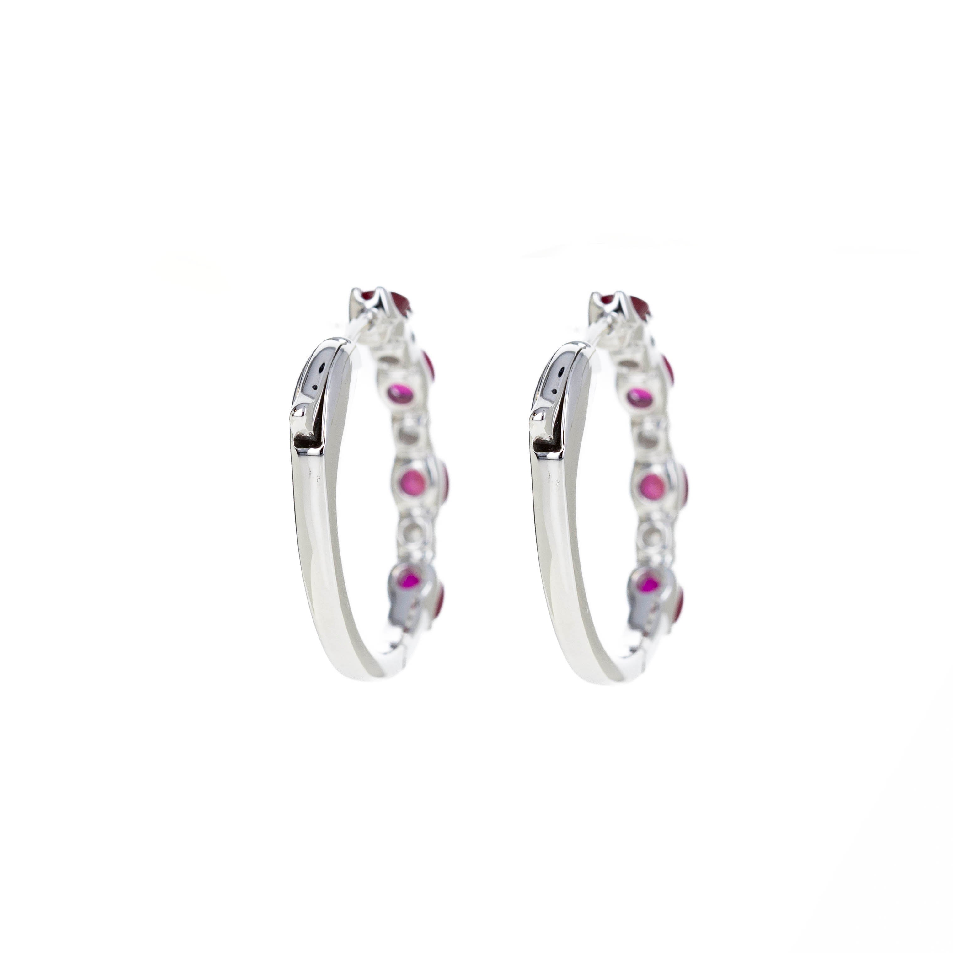 14K White Gold 1.75 Carat Ruby Diamond Station Hoop Earrings - Queen May