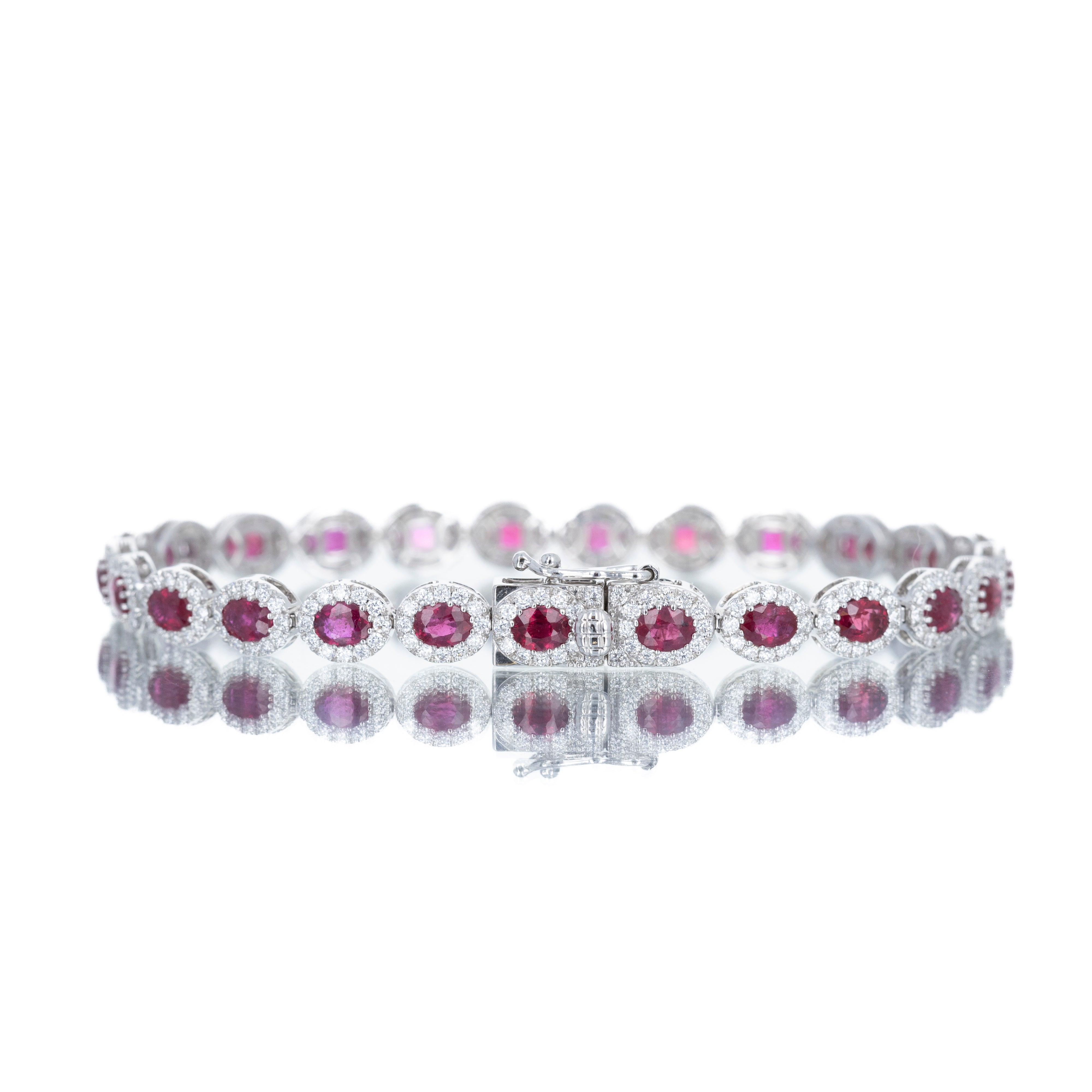 14K White Gold 6 Carat Ruby Diamond Halo Bracelet - Queen May