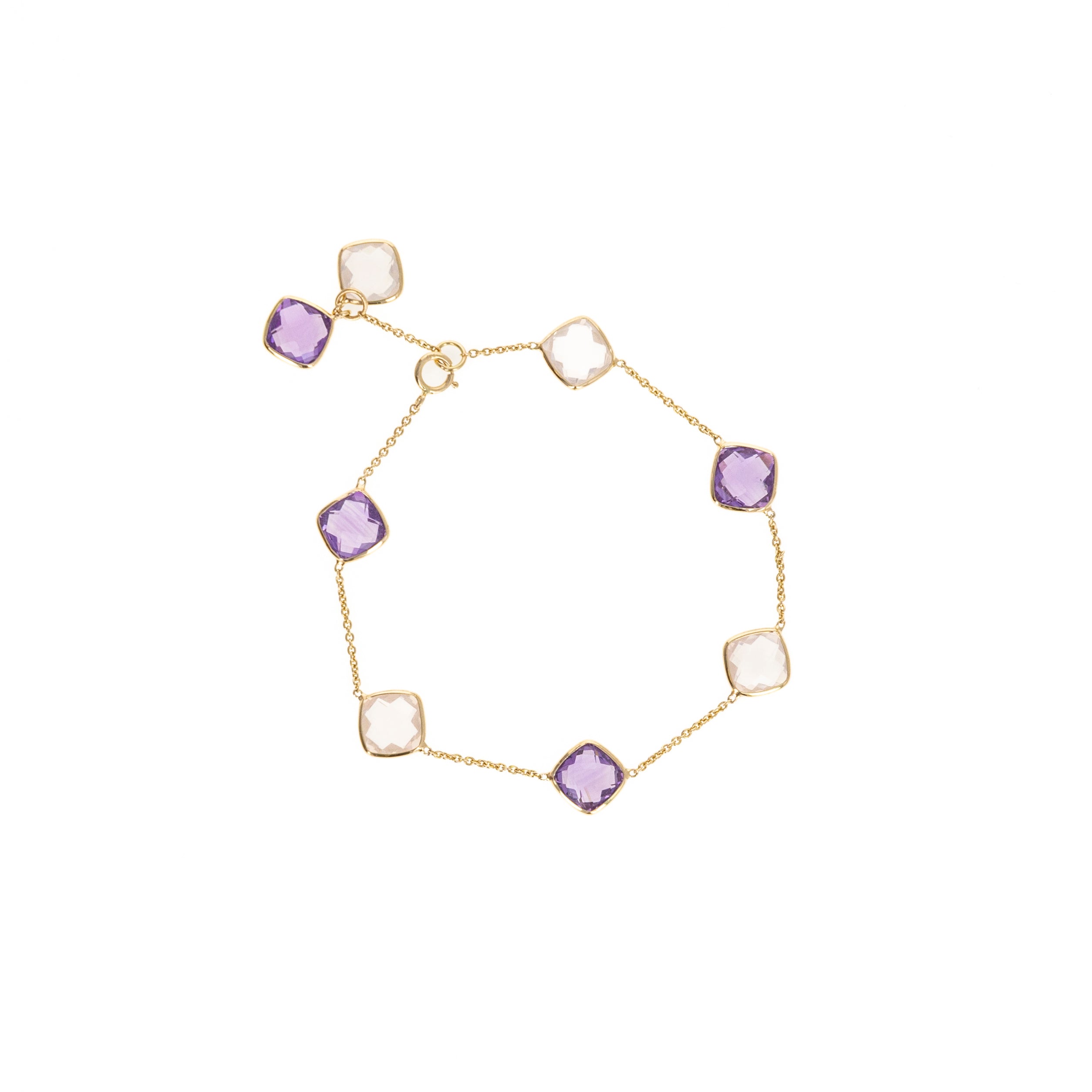 14K Yellow Gold 5.42 Carat Amethyst and Rose Quartz Bezel Bracelet - Queen May