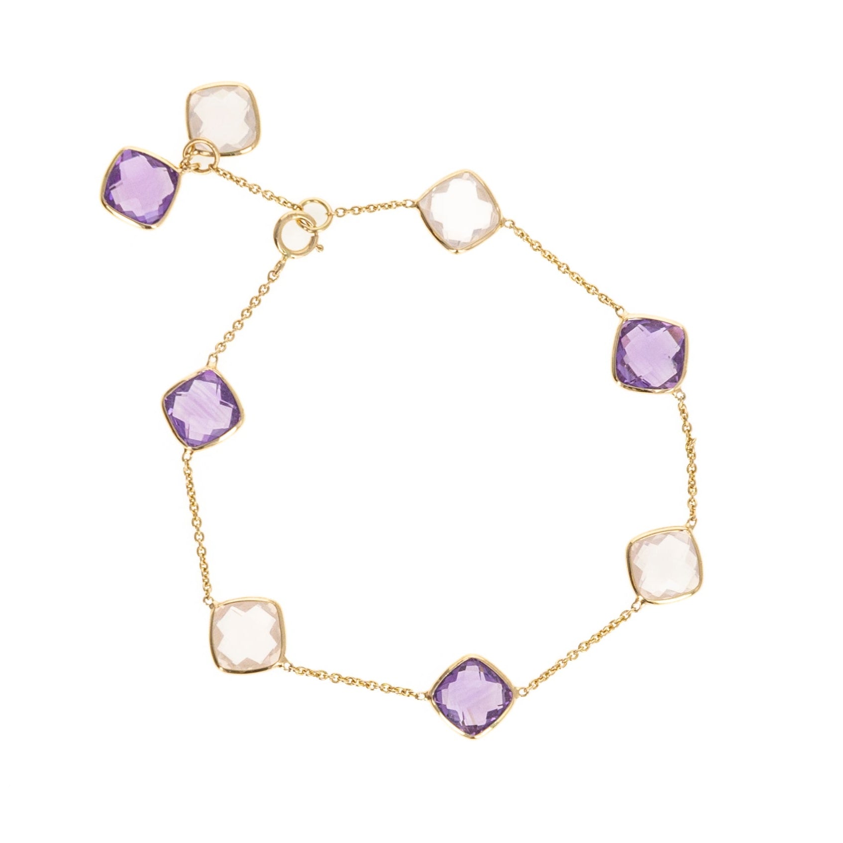14K Yellow Gold 5.42 Carat Amethyst and Rose Quartz Bezel Bracelet - Queen May