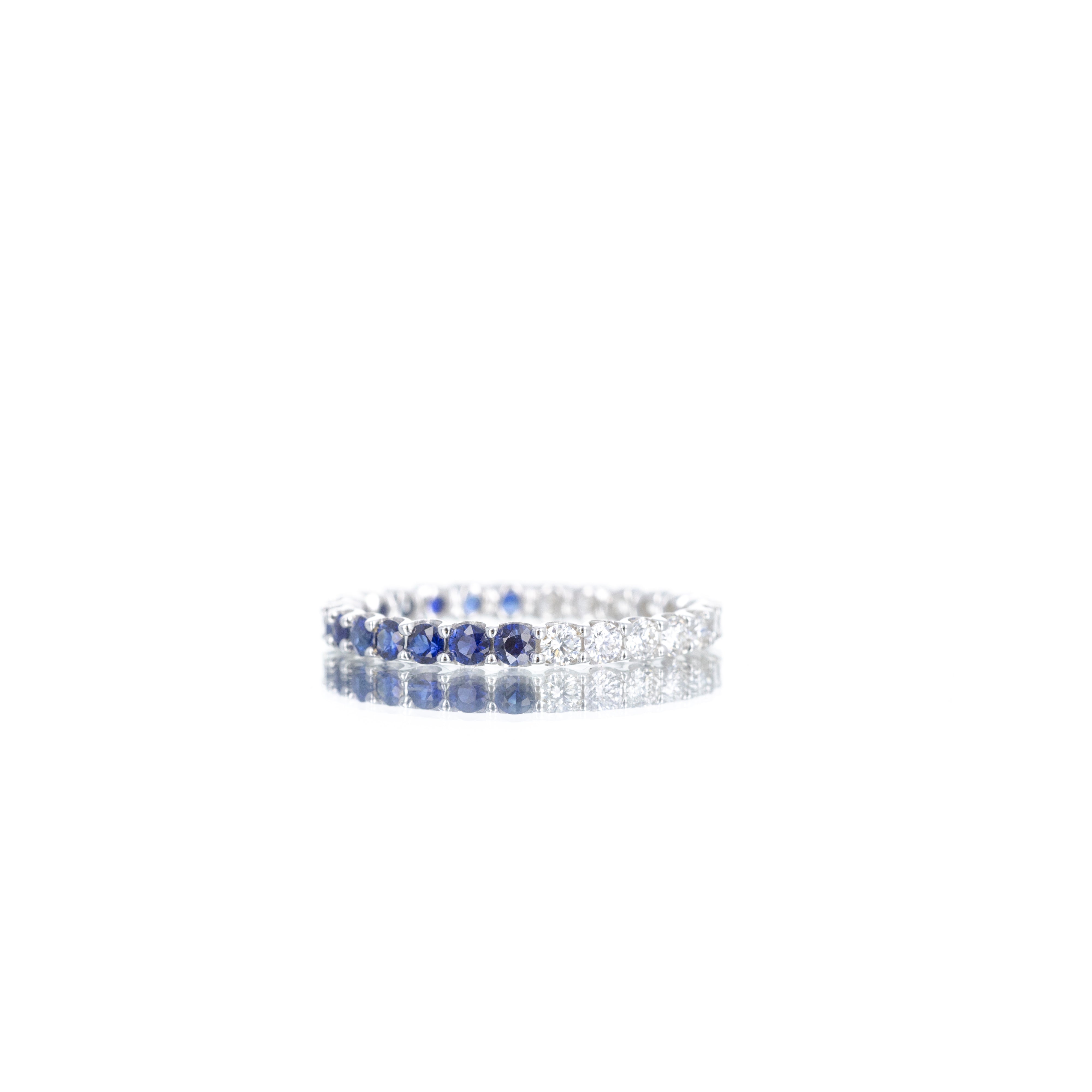 14K White Gold Round Sapphire Diamond Half and Half Eternity Band - Queen May