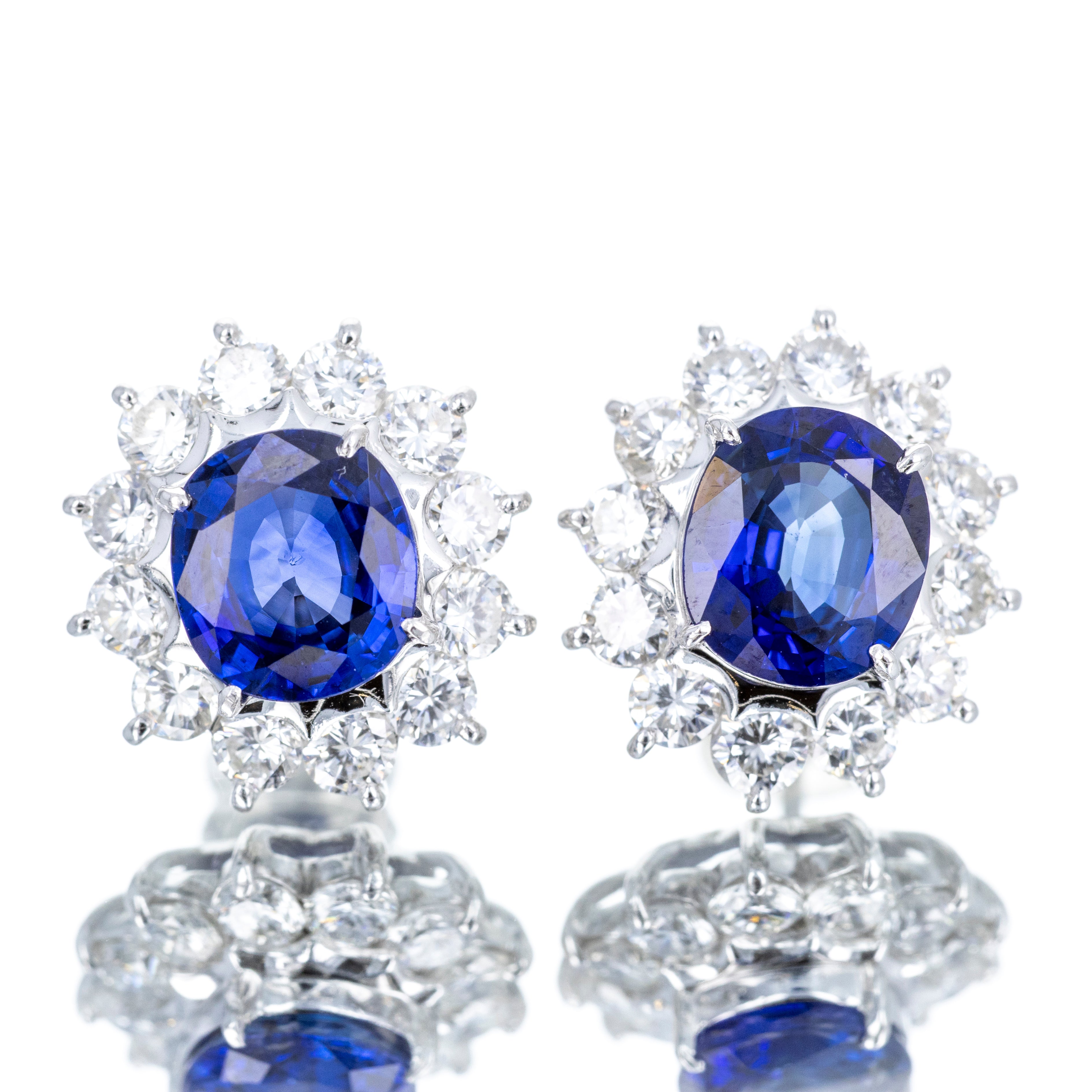 Platinum 4.74 Carat Oval Sapphire Diamond Halo Stud Earrings - Queen May