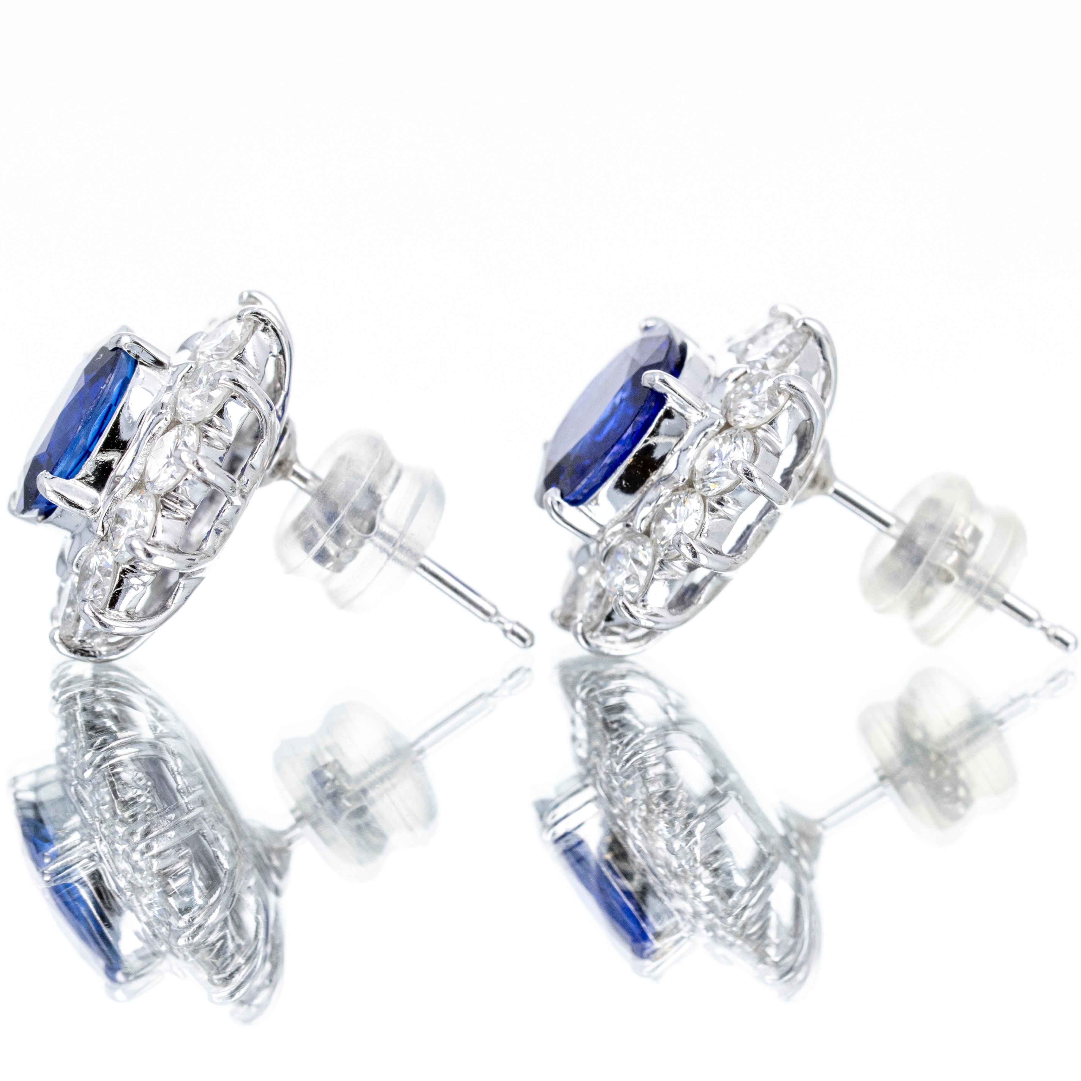 Platinum 4.74 Carat Oval Sapphire Diamond Halo Stud Earrings - Queen May