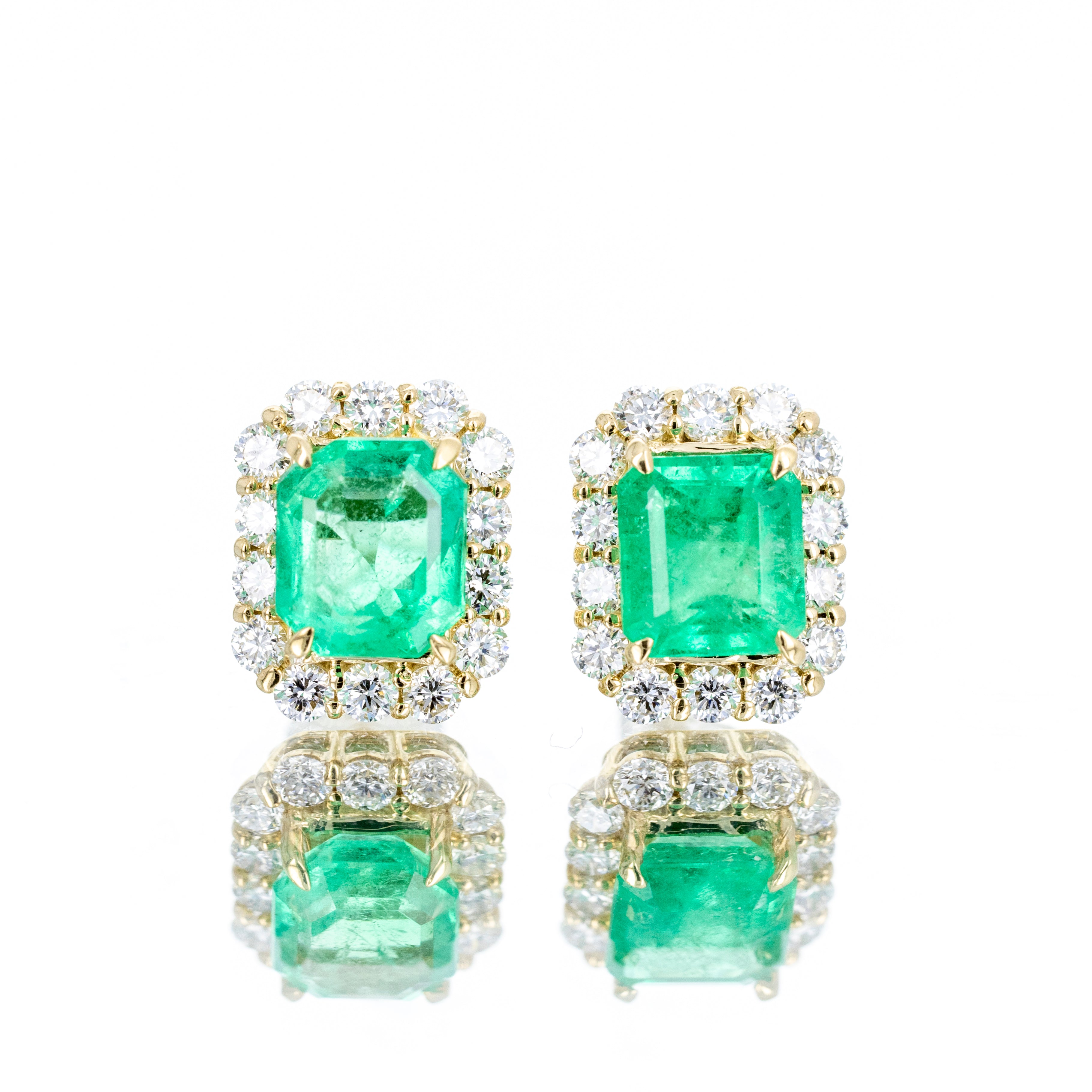18K Yellow Gold 1.88 Carat Emerald Diamond Halo Stud Earrings - Queen May