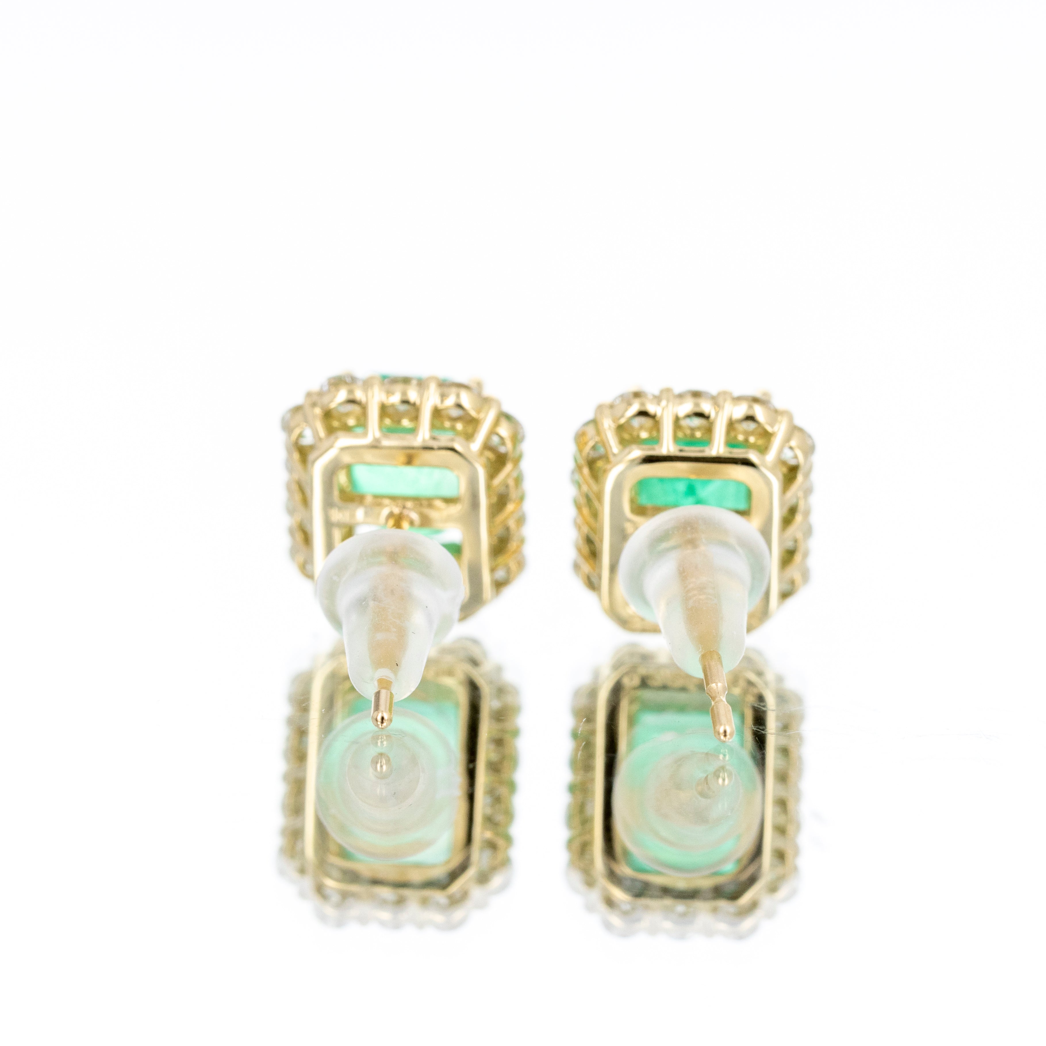 18K Yellow Gold 1.88 Carat Emerald Diamond Halo Stud Earrings - Queen May