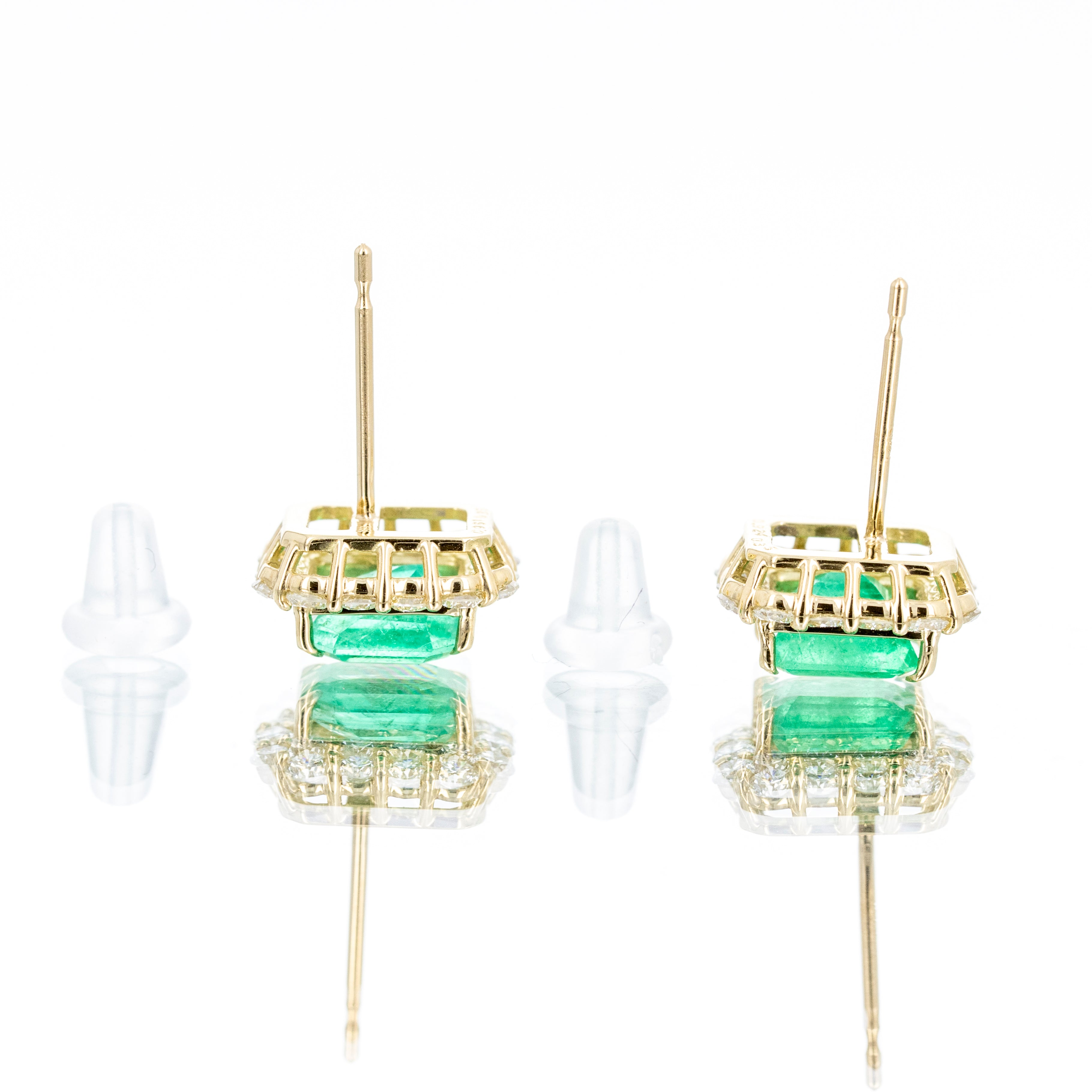 18K Yellow Gold 1.88 Carat Emerald Diamond Halo Stud Earrings - Queen May
