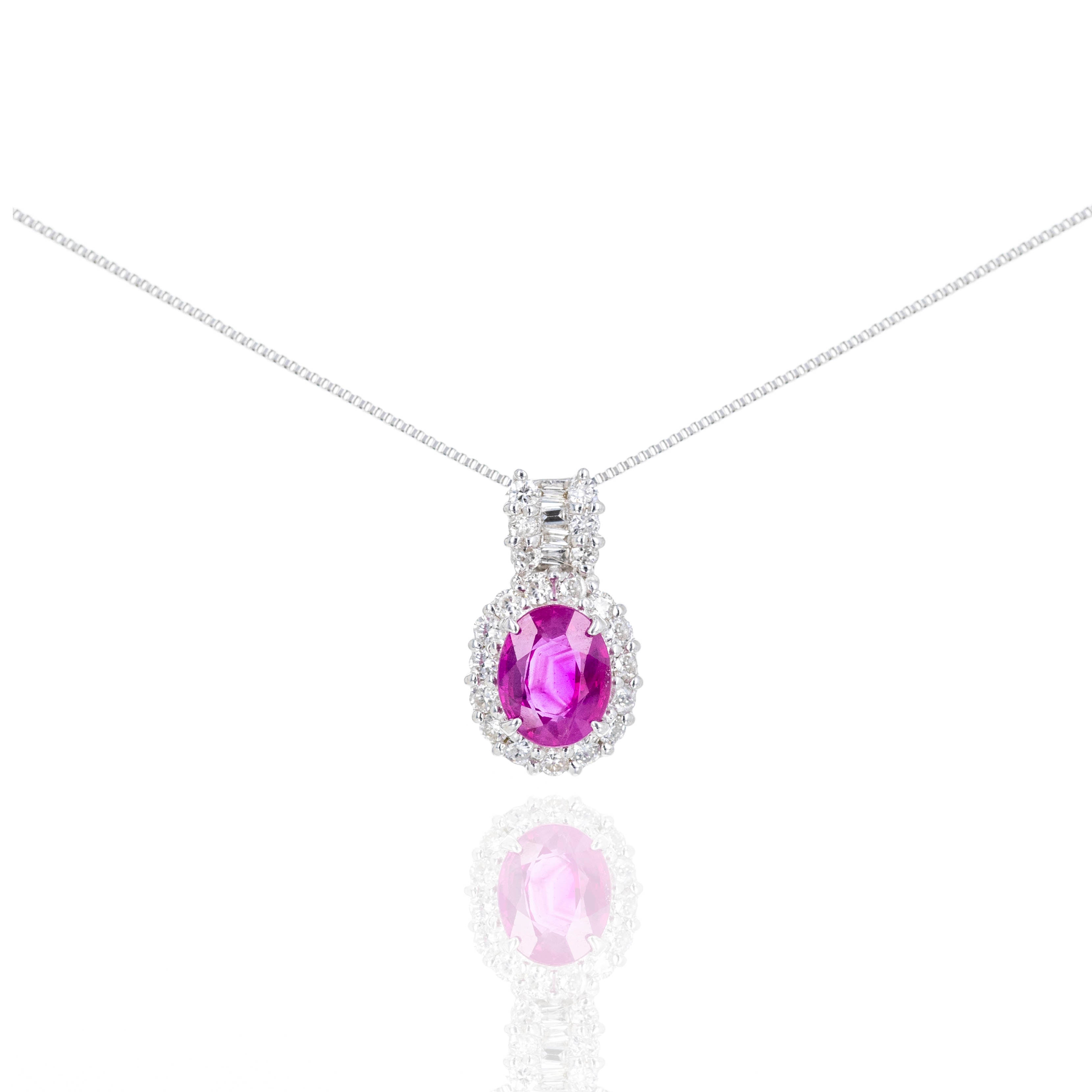 18K White Gold 0.79 Carat Oval Pink Sapphire Diamond Pendant Necklace - Queen May