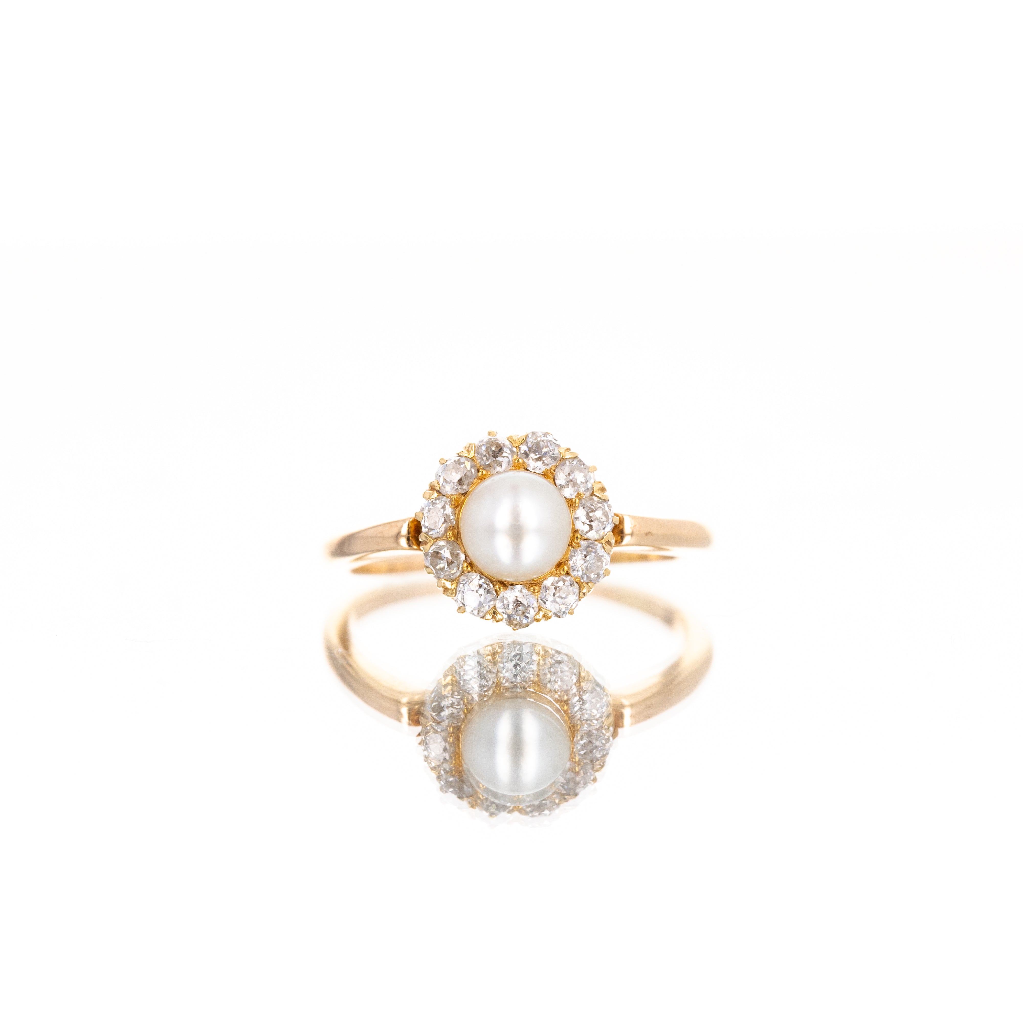 Victorian 14K Yellow Gold Pearl Old European Diamond Halo Ring - Queen May