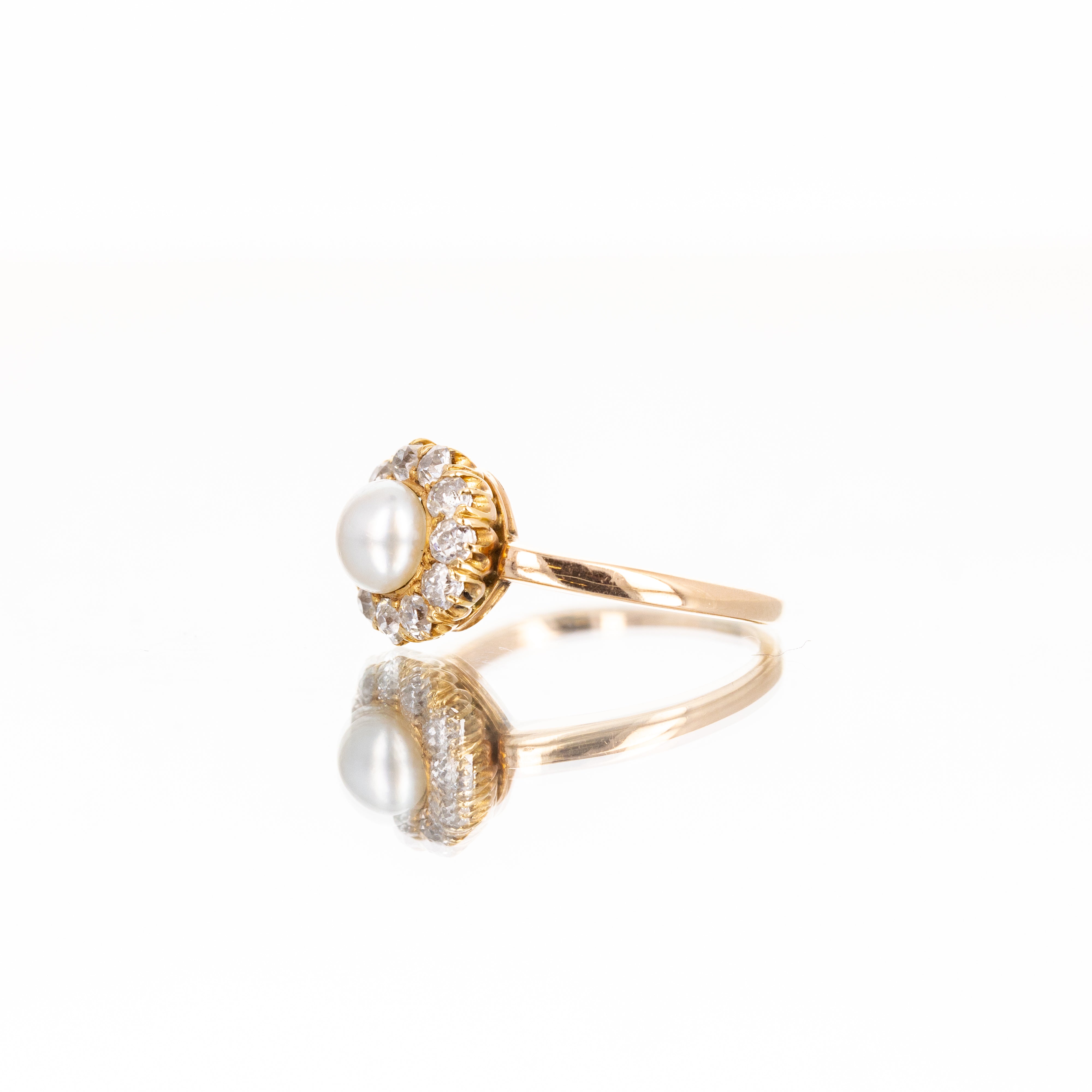 Victorian 14K Yellow Gold Pearl Old European Diamond Halo Ring - Queen May