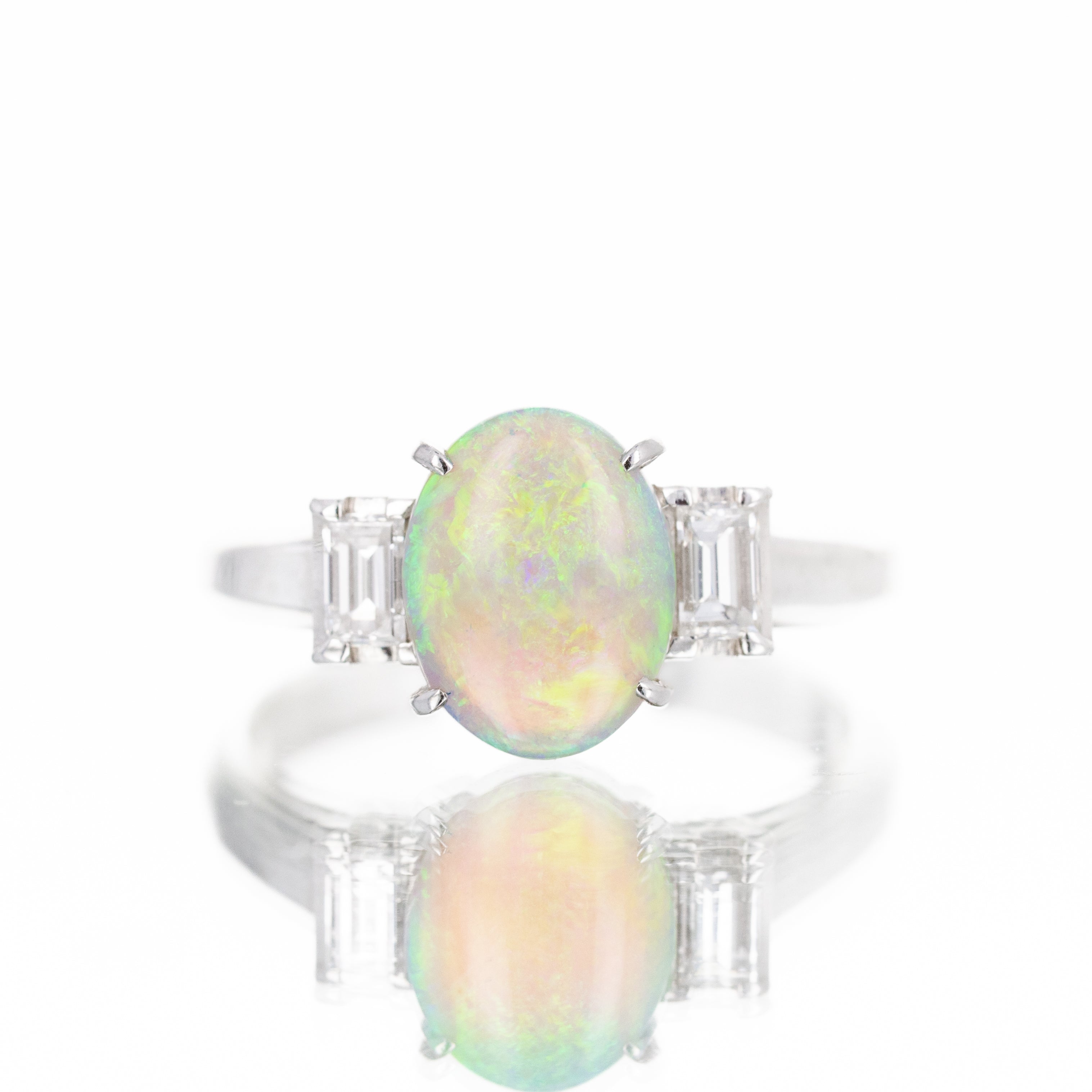 Platinum 1.38 Carat Oval Opal Diamond Baguette Ring - Queen May