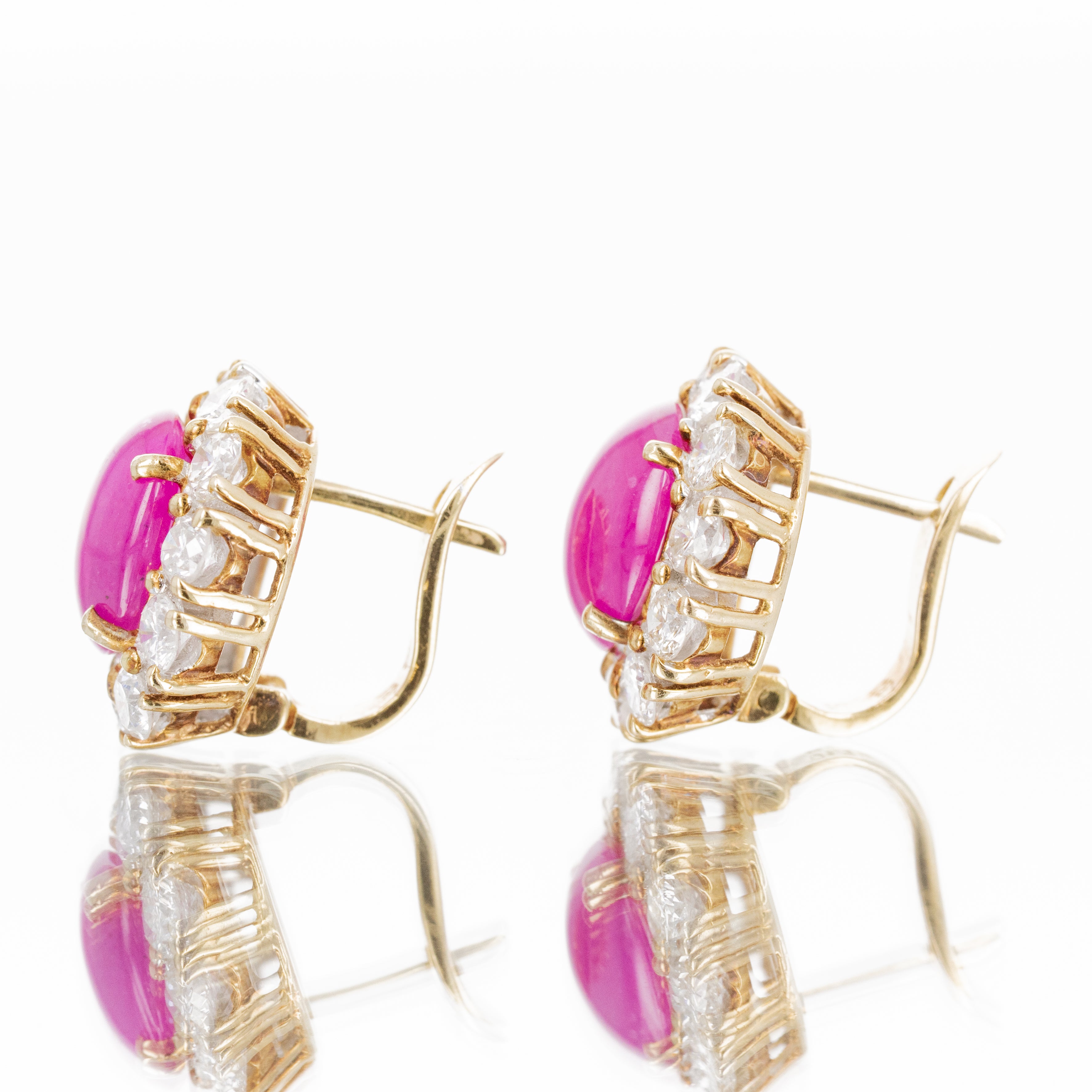 18K Yellow Gold 4.21 Carat Cabochon Ruby Diamond Halo Stud Earrings - Queen May
