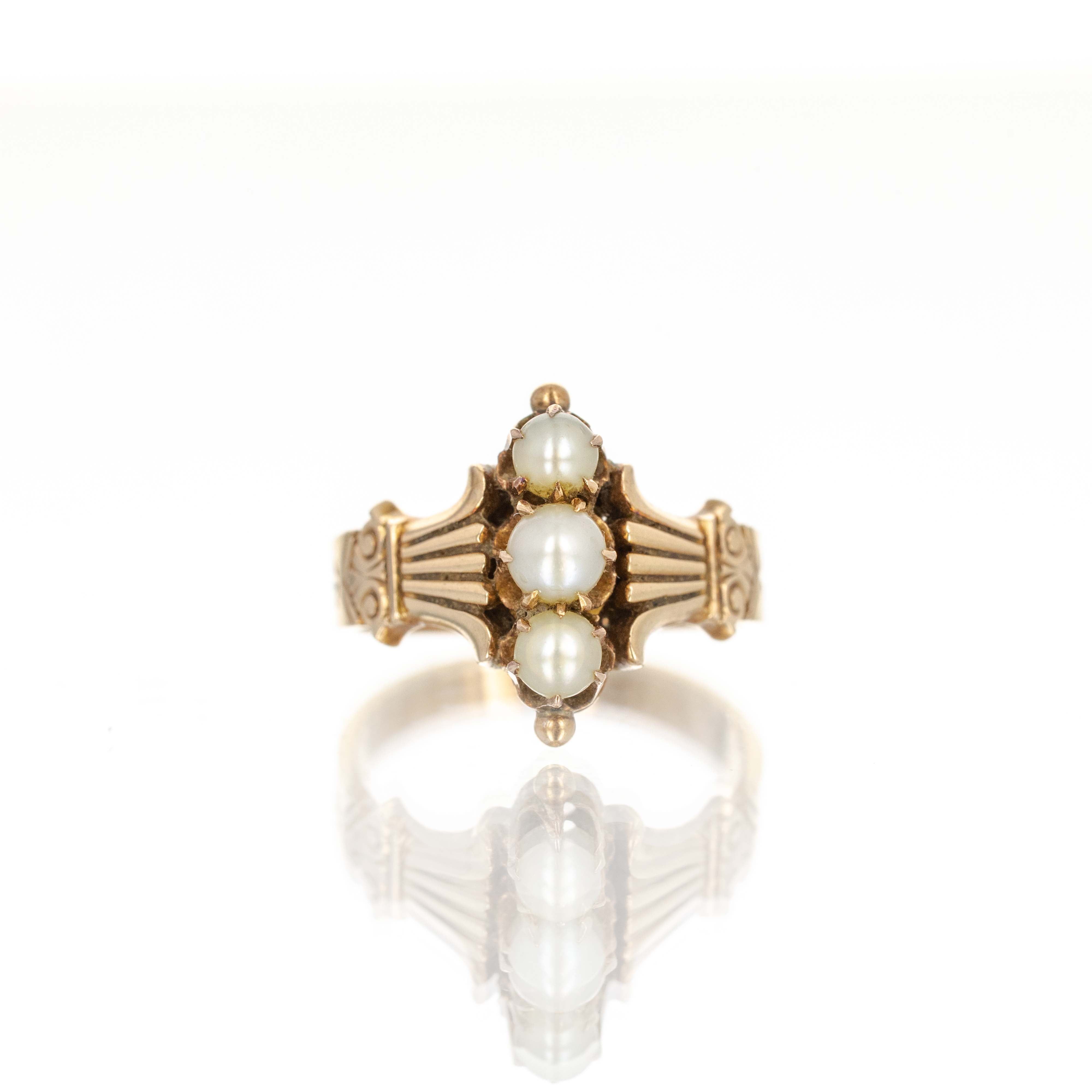 Victorian 14K Yellow Gold Pearl Engraved Ring - Queen May