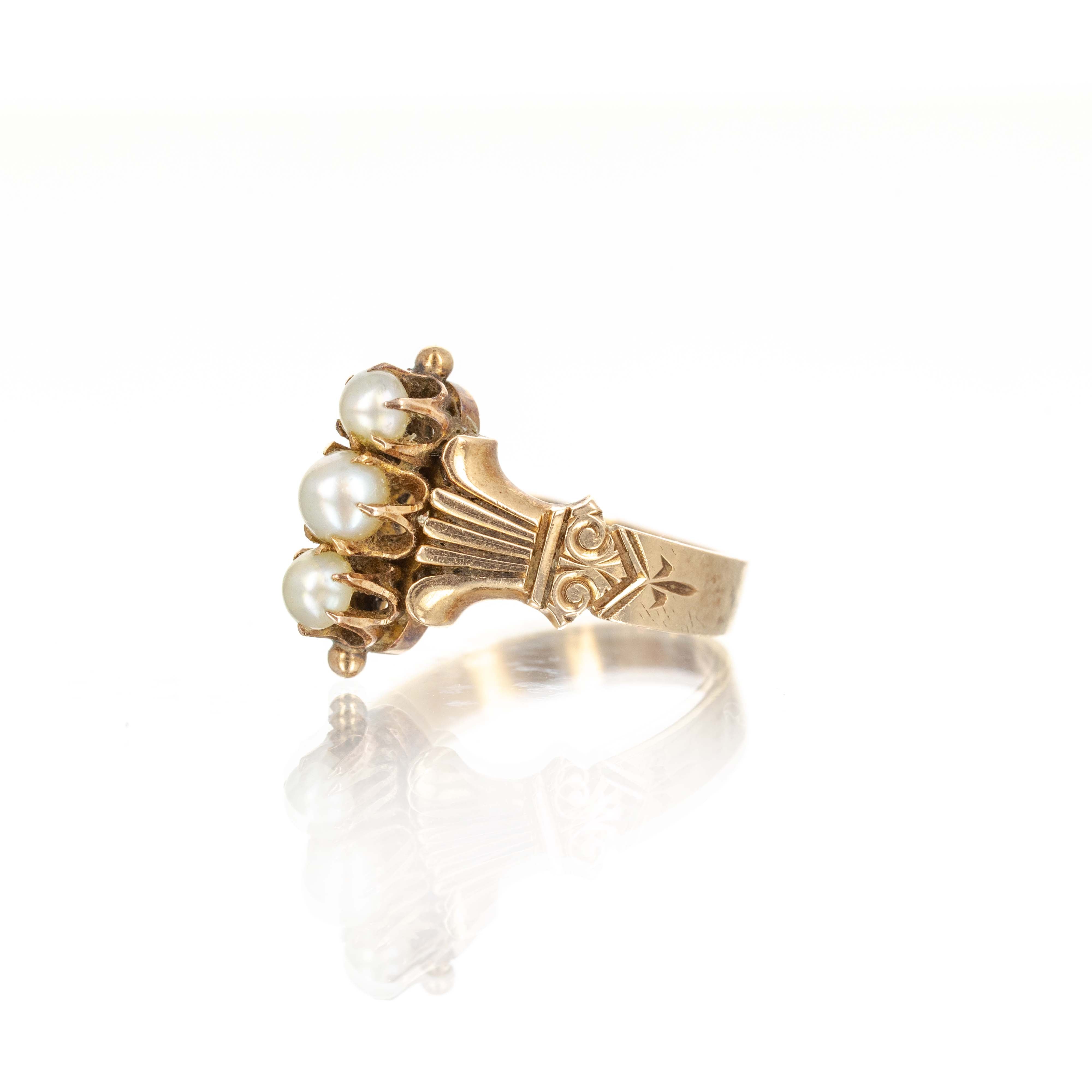 Victorian 14K Yellow Gold Pearl Engraved Ring - Queen May