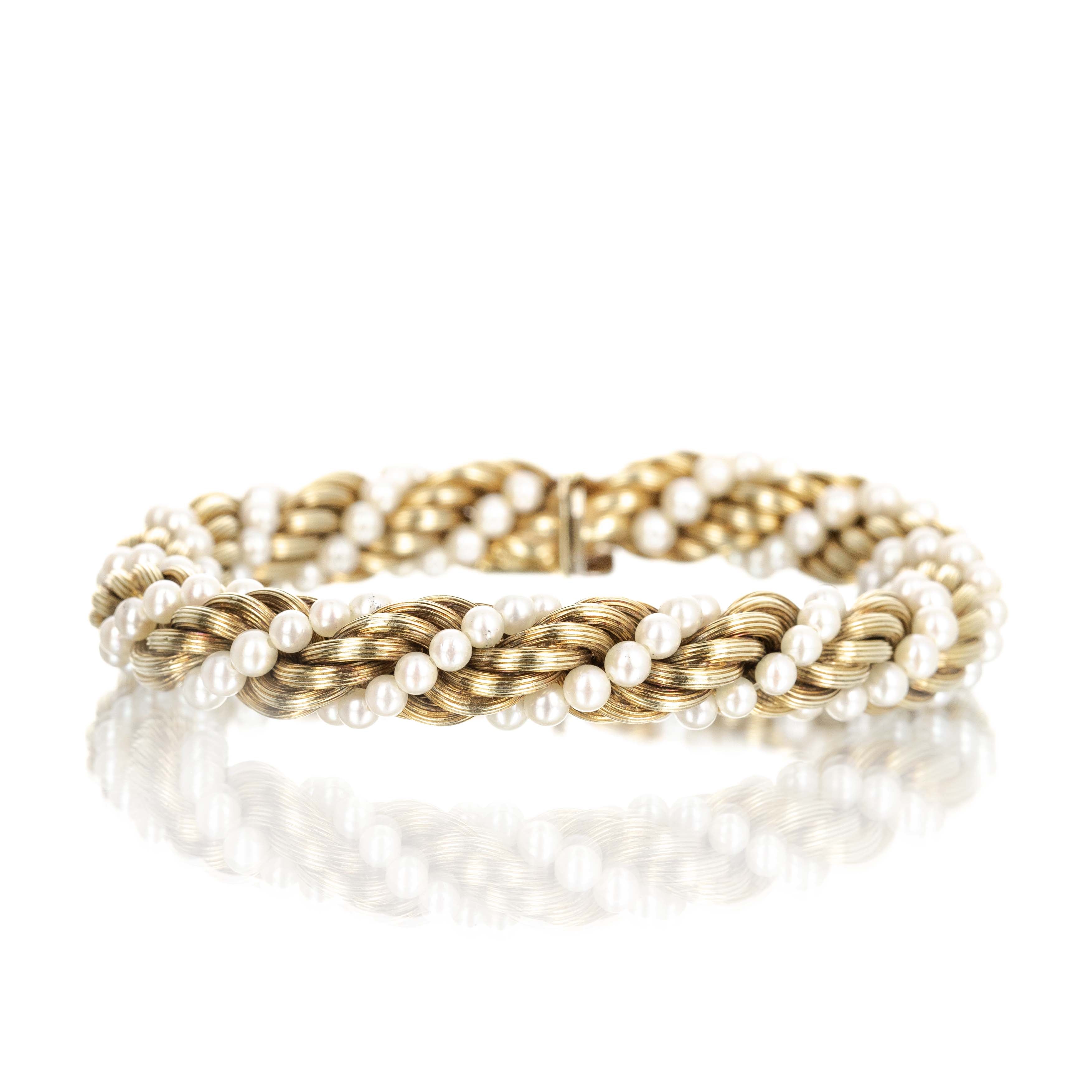14K Yellow Gold Woven Pearl Bracelet - Queen May