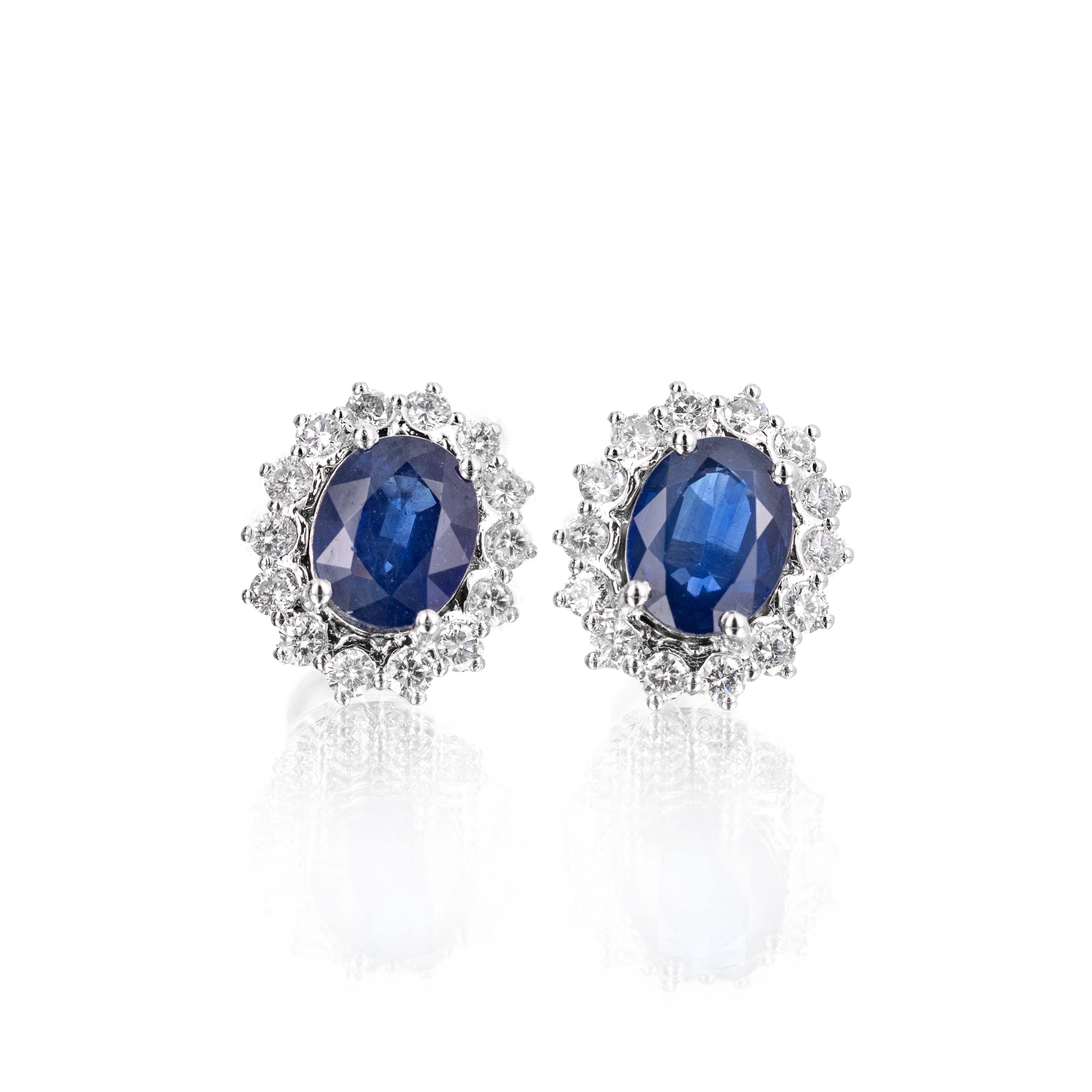 Platinum 3.90 Carat Oval Sapphire Diamond Halo Stud Earrings - Queen May