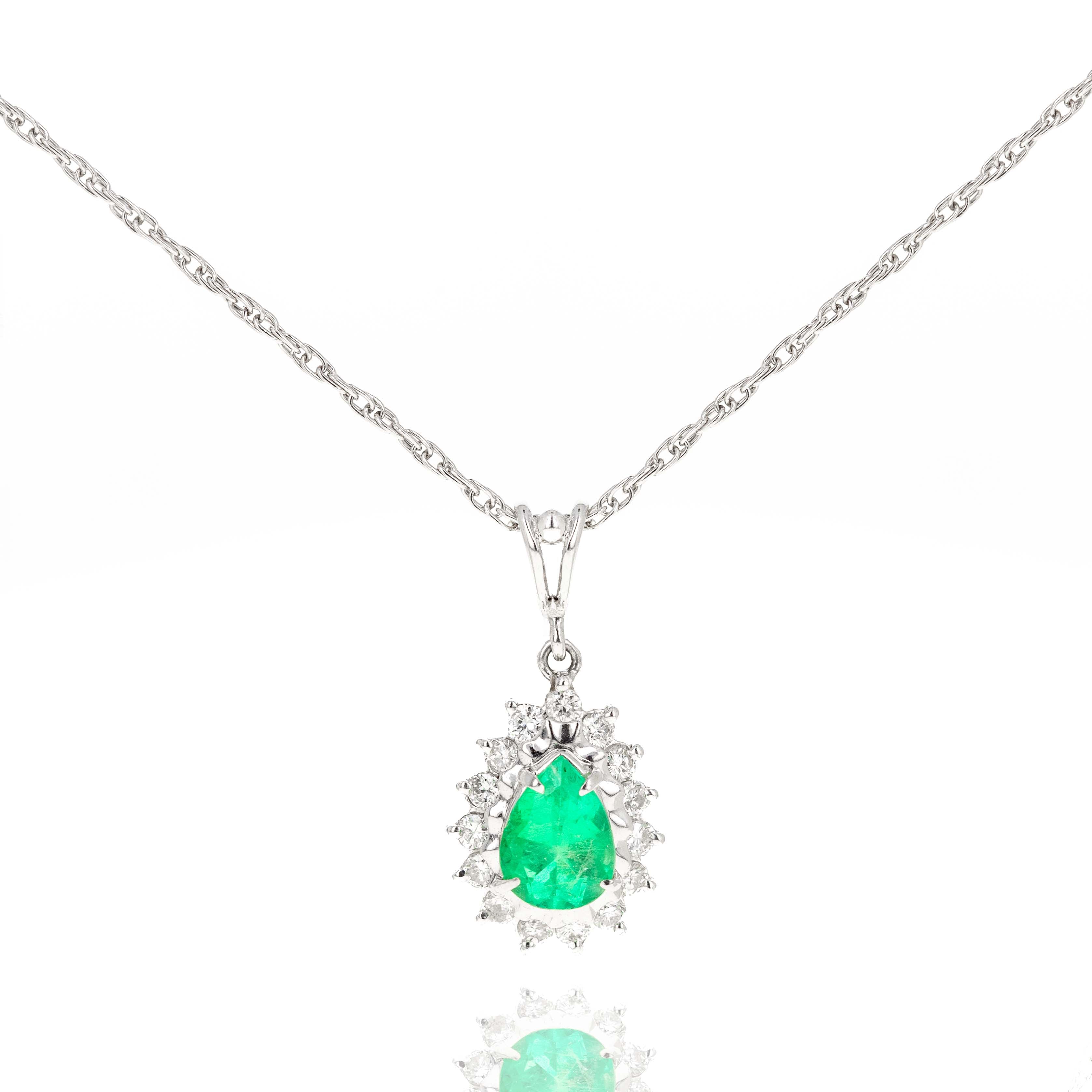 Platinum 0.67 Carat Pear Emerald Diamond Halo Pendant Necklace - Queen May