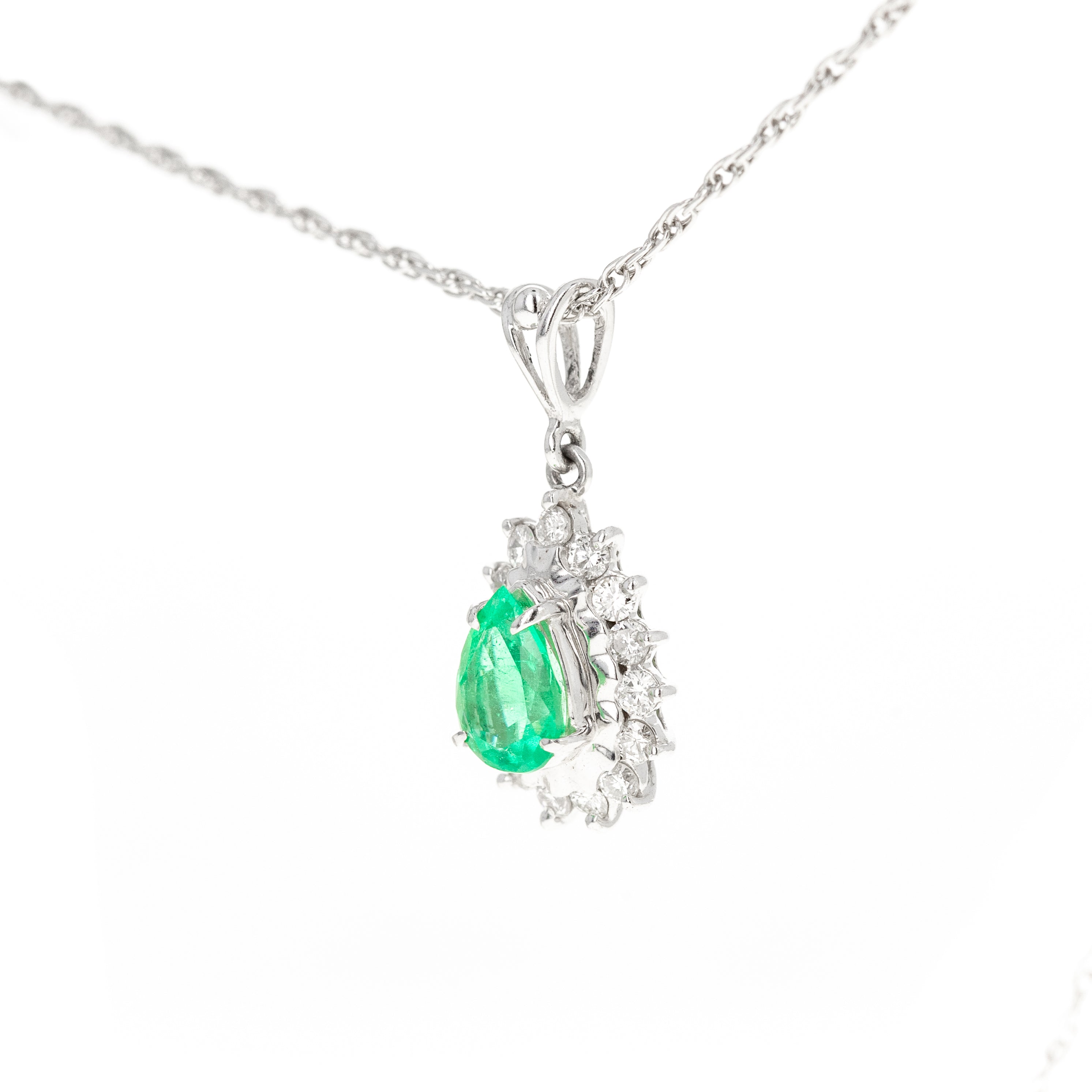 Platinum 0.67 Carat Pear Emerald Diamond Halo Pendant Necklace - Queen May
