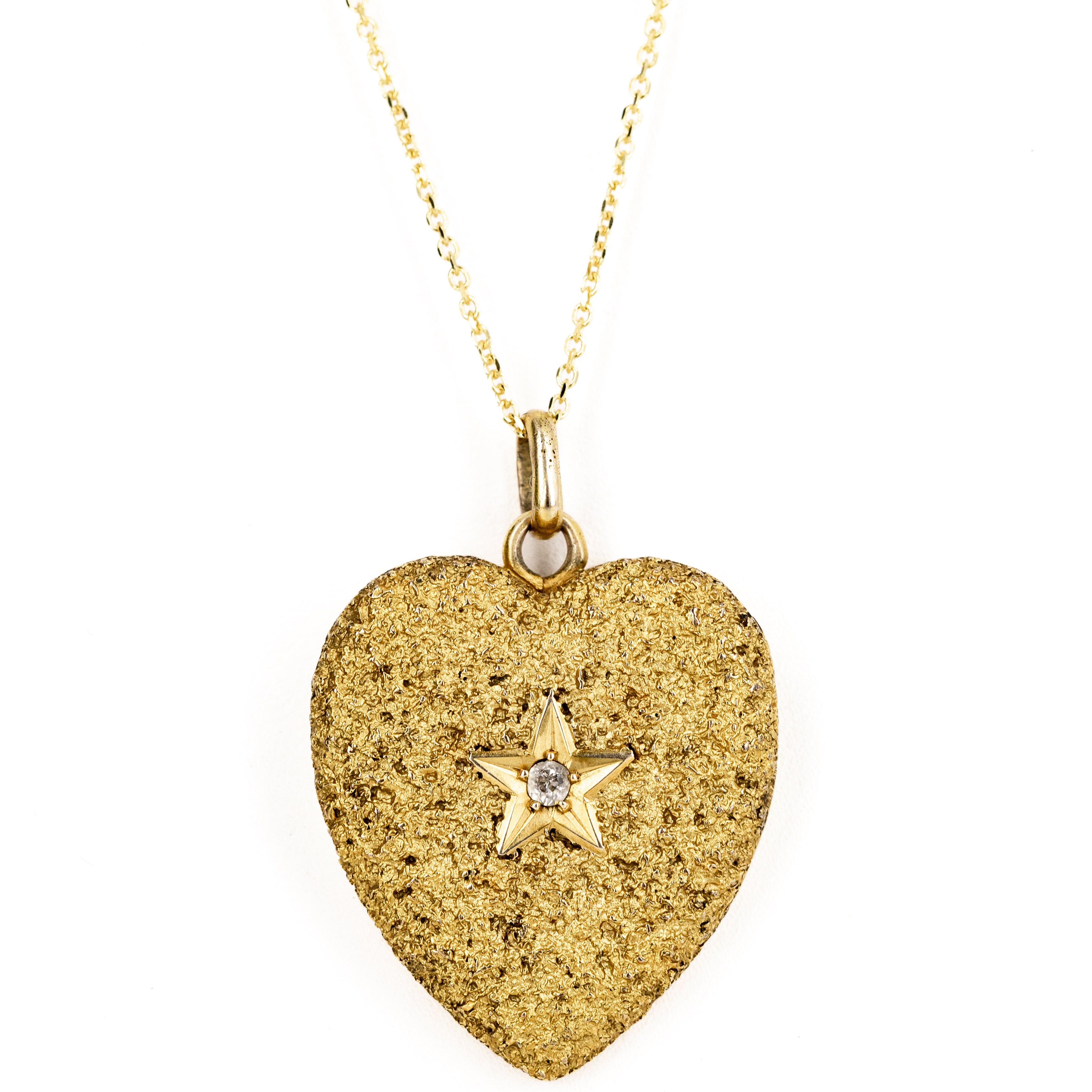 Victorian 14K Yellow Gold Old European Diamond Textured Heart Locket - Queen May