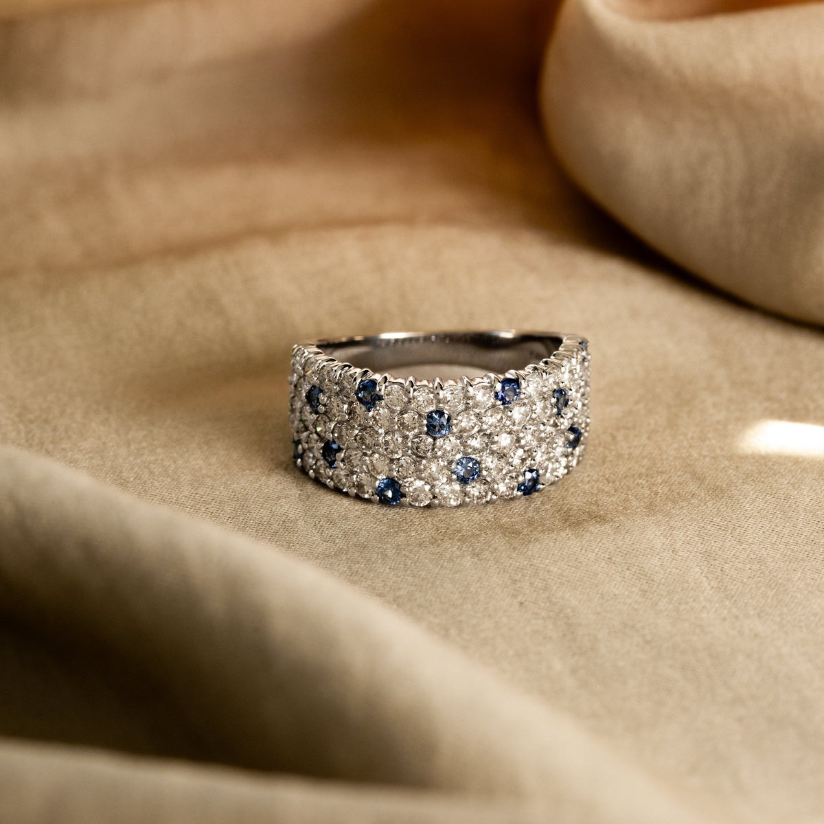 18K Gold Diamond Sapphire Pave Wide Band - Queen May