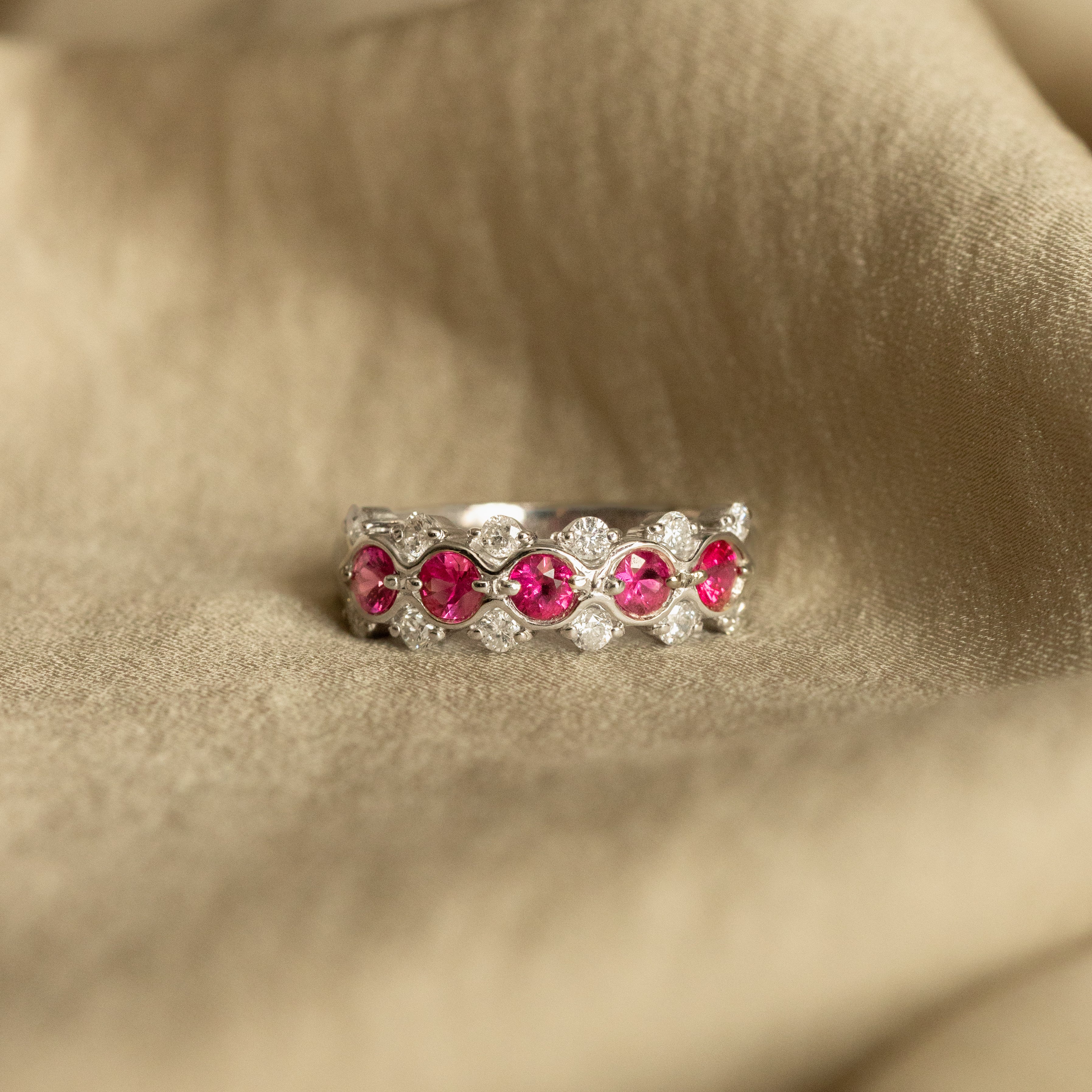 Platinum 0.75 Carat Total Weight Round Natural Ruby Diamond Band - Queen May