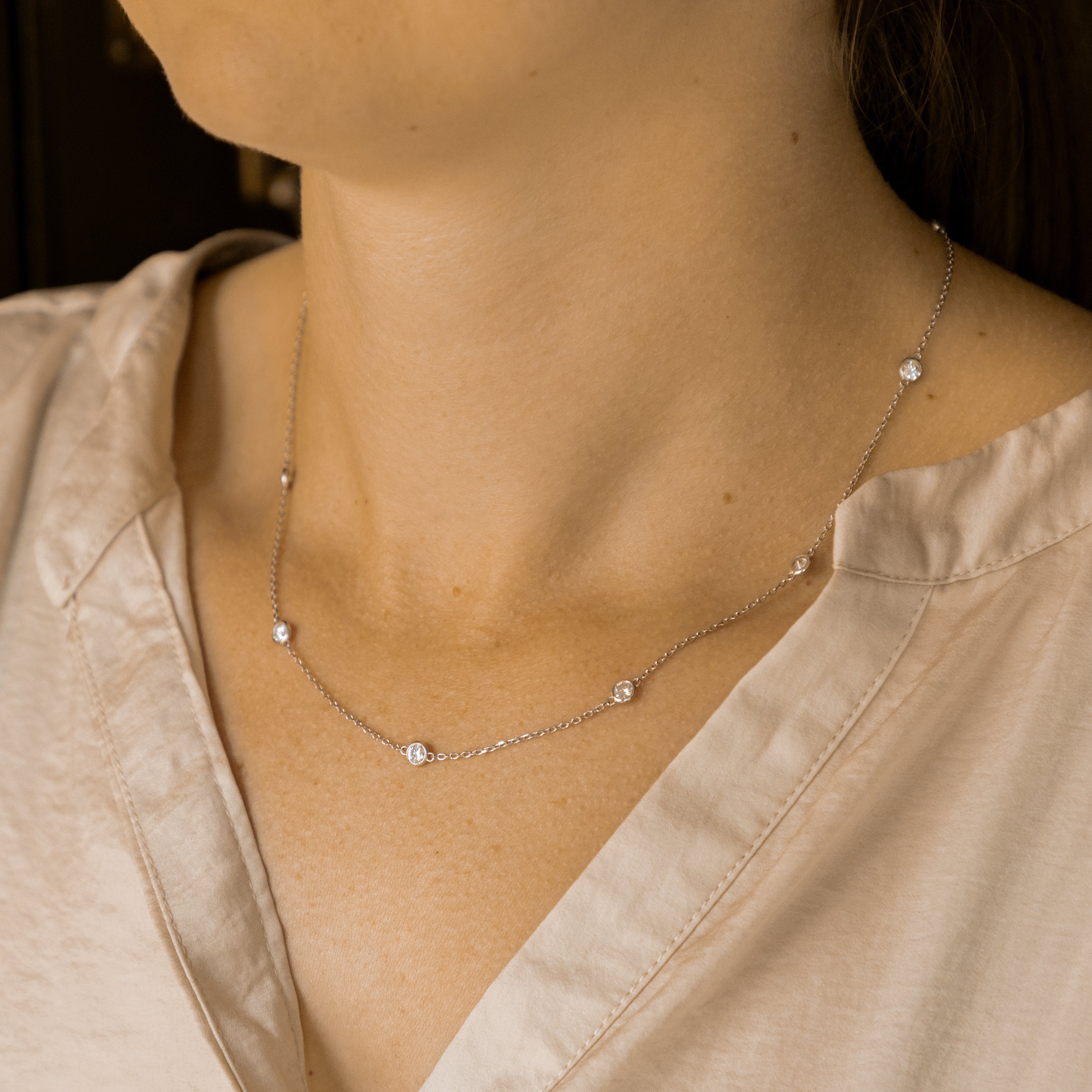 14K White Gold 1.85 Carat Round Diamond Bezel Station Necklace - Queen May