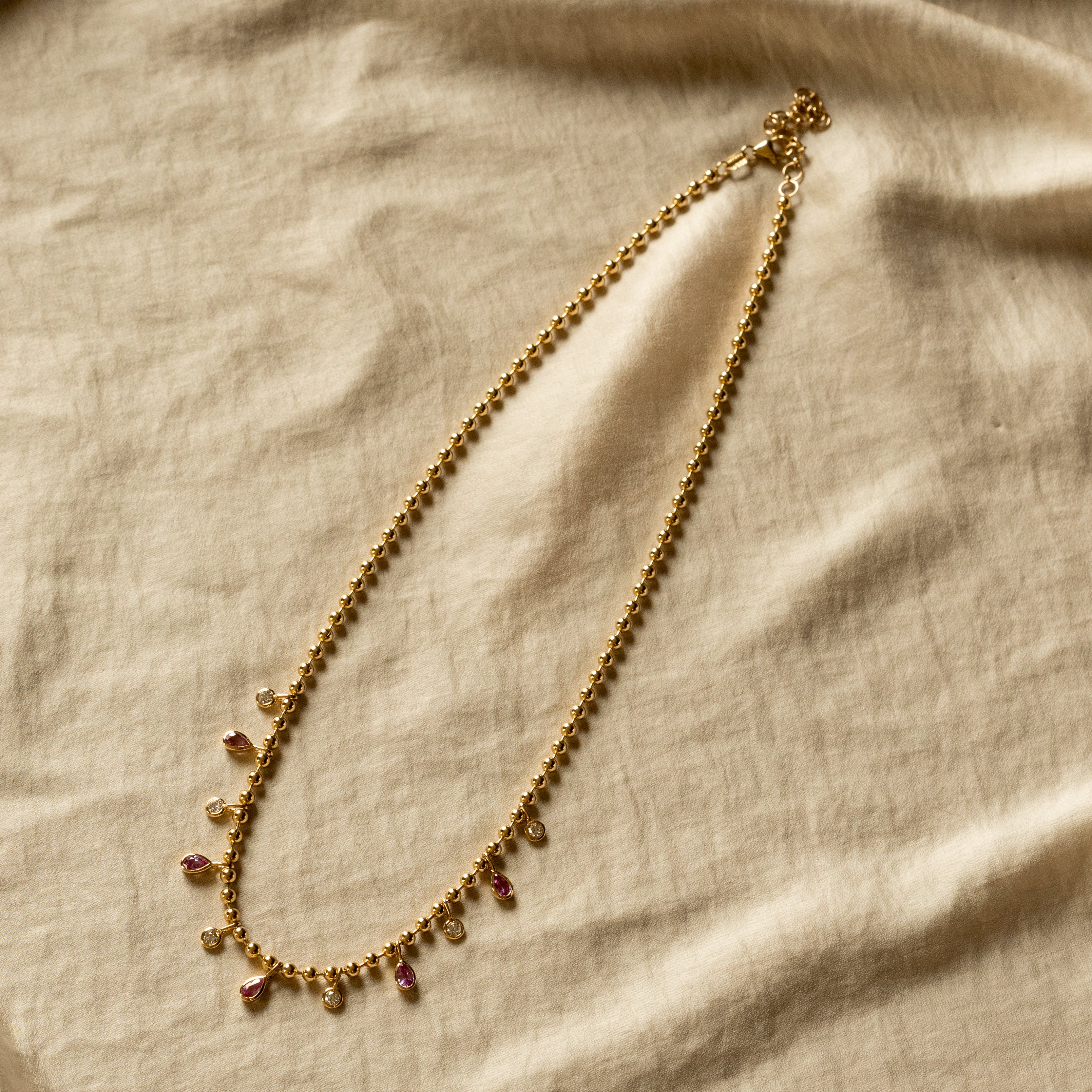 14K Gold Pear Pink Sapphire Diamond Bezel Bead Necklace - Queen May