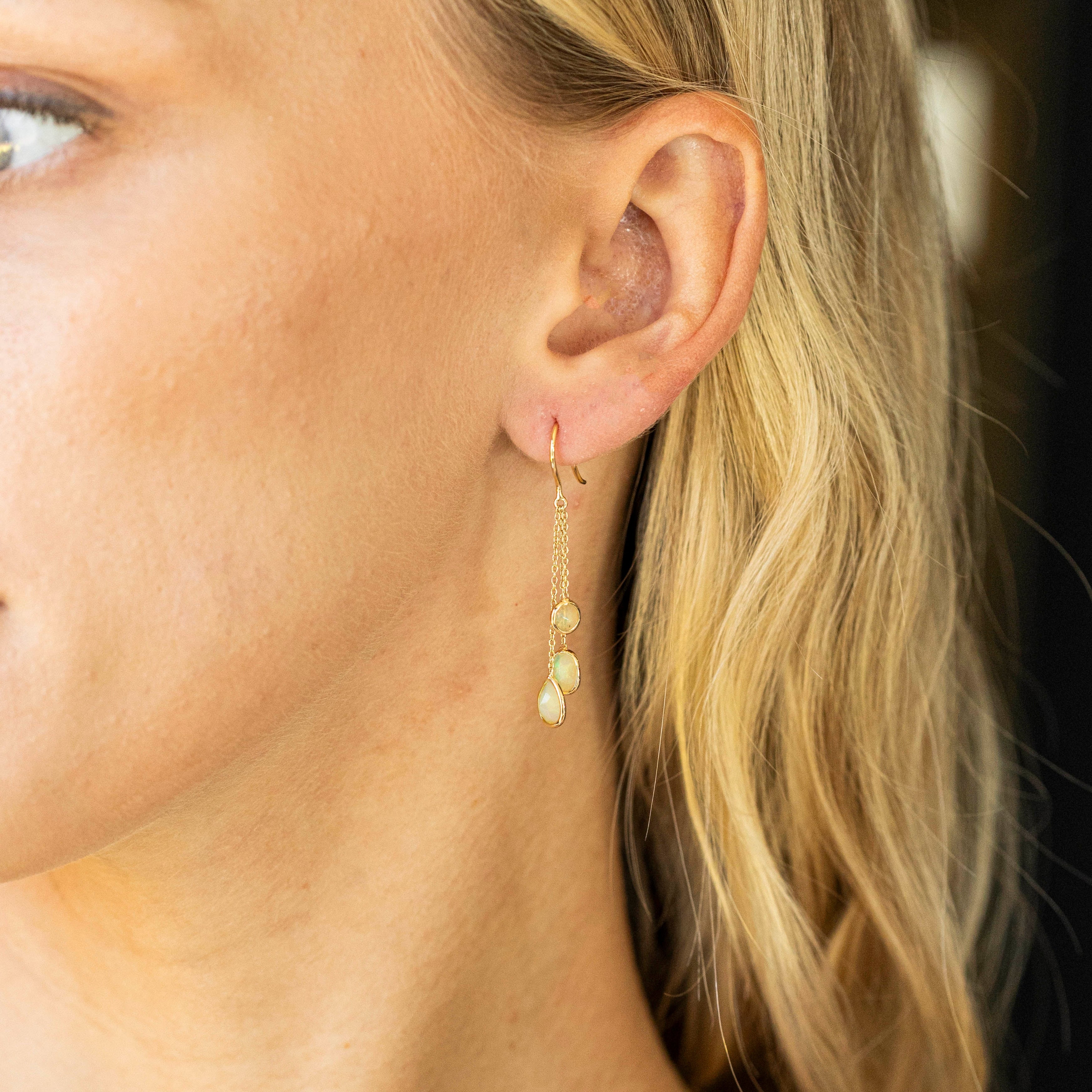 14K Yellow Gold 1.58 Carat Opal Bezel Chain Drop Earrings - Queen May