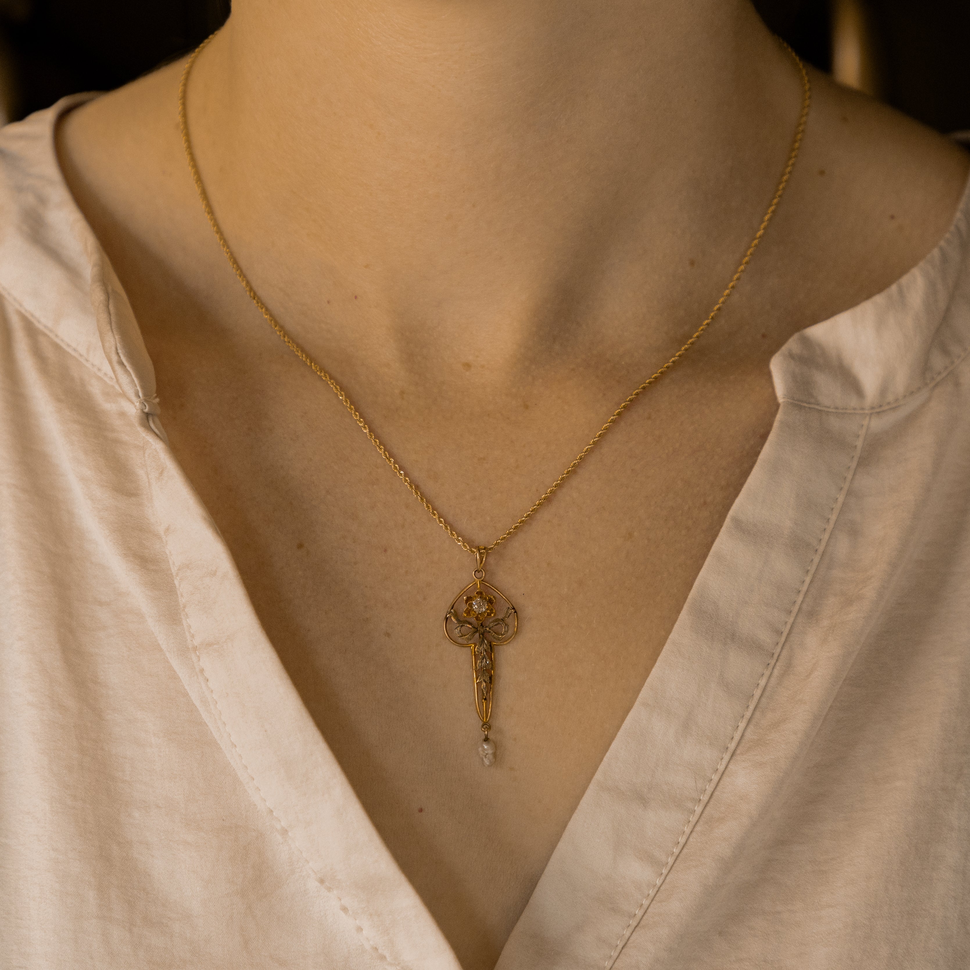 Edwardian Old Mine Diamond Pearl Pendant Necklace - Queen May