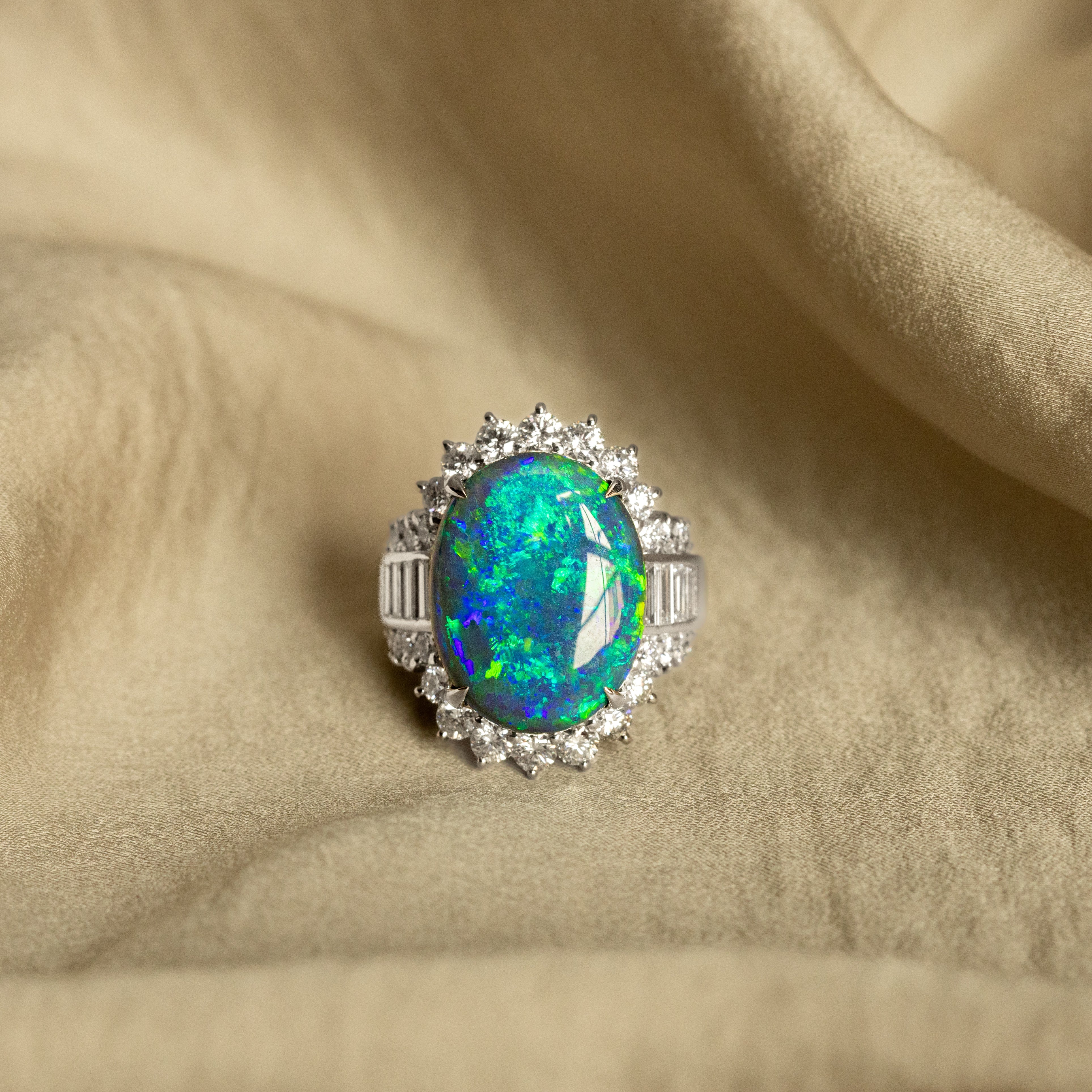 Platinum 7.55 Carat Black Opal Diamond Halo Ring - Queen May