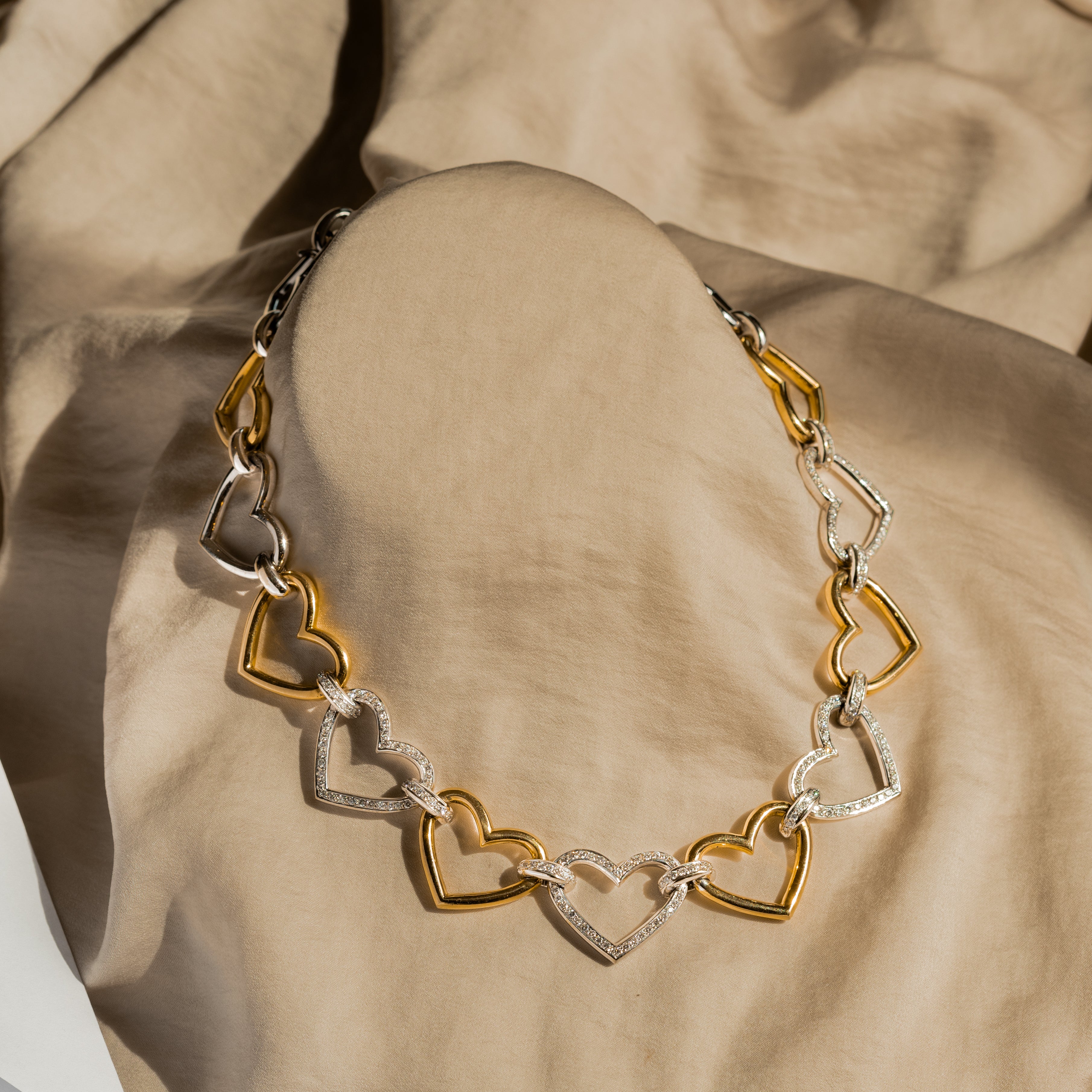 18K Gold Two Tone Diamond Heart Link Choker Necklace - Queen May