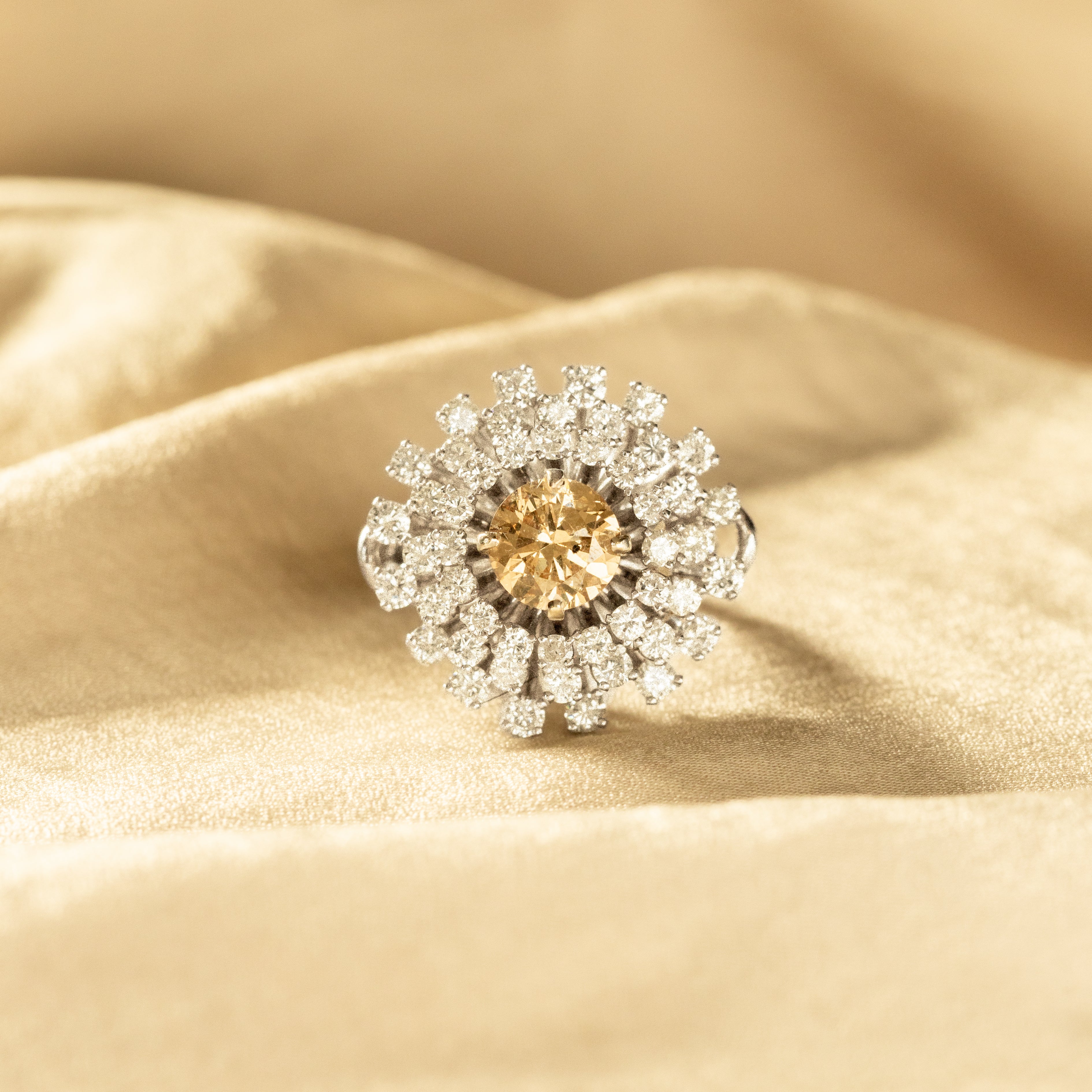 Retro 1.5 Carat Round Champagne Diamond Starburst Ring - Queen May