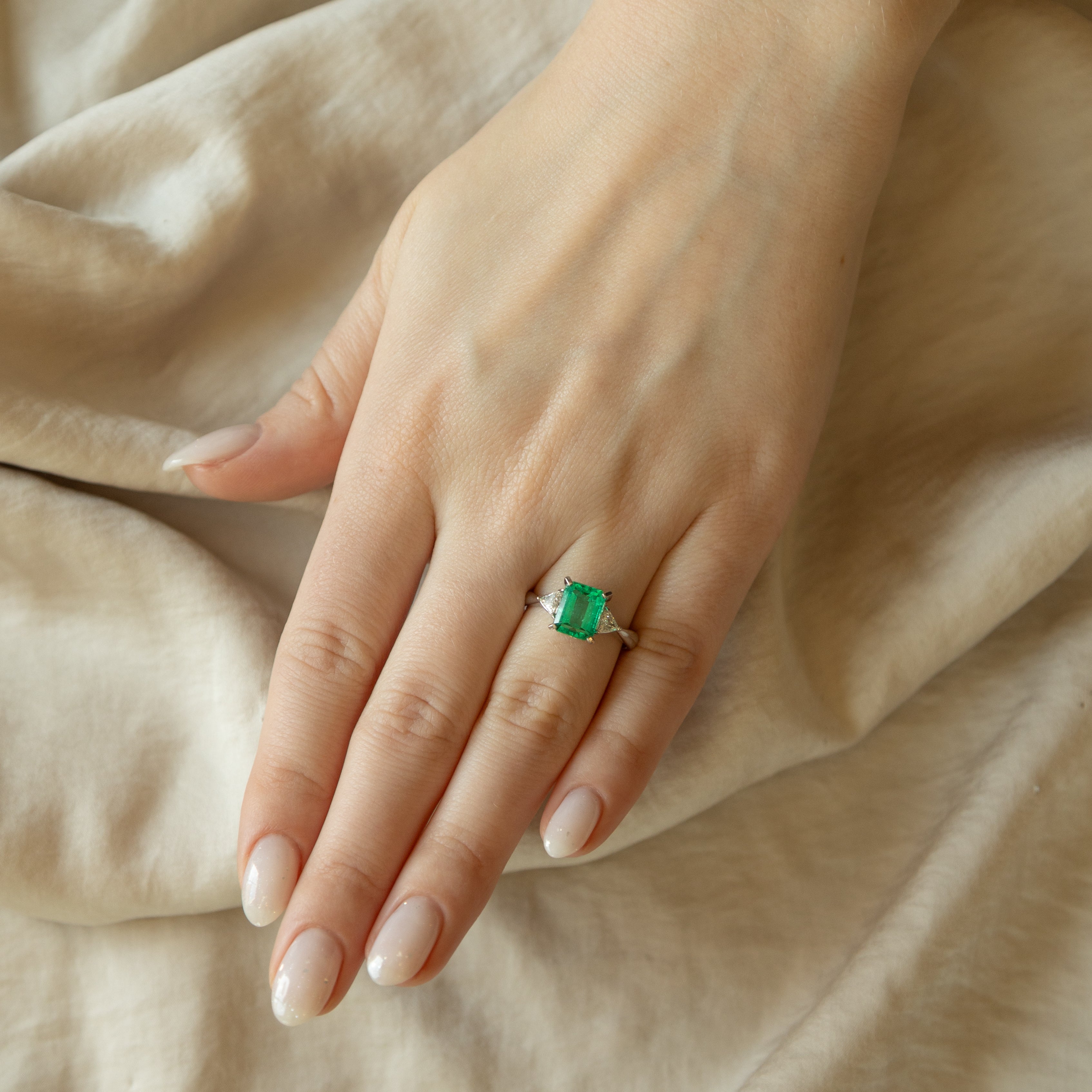 2.07 Carat Natural Emerald Trillion Diamond Three Stone Ring - Queen May