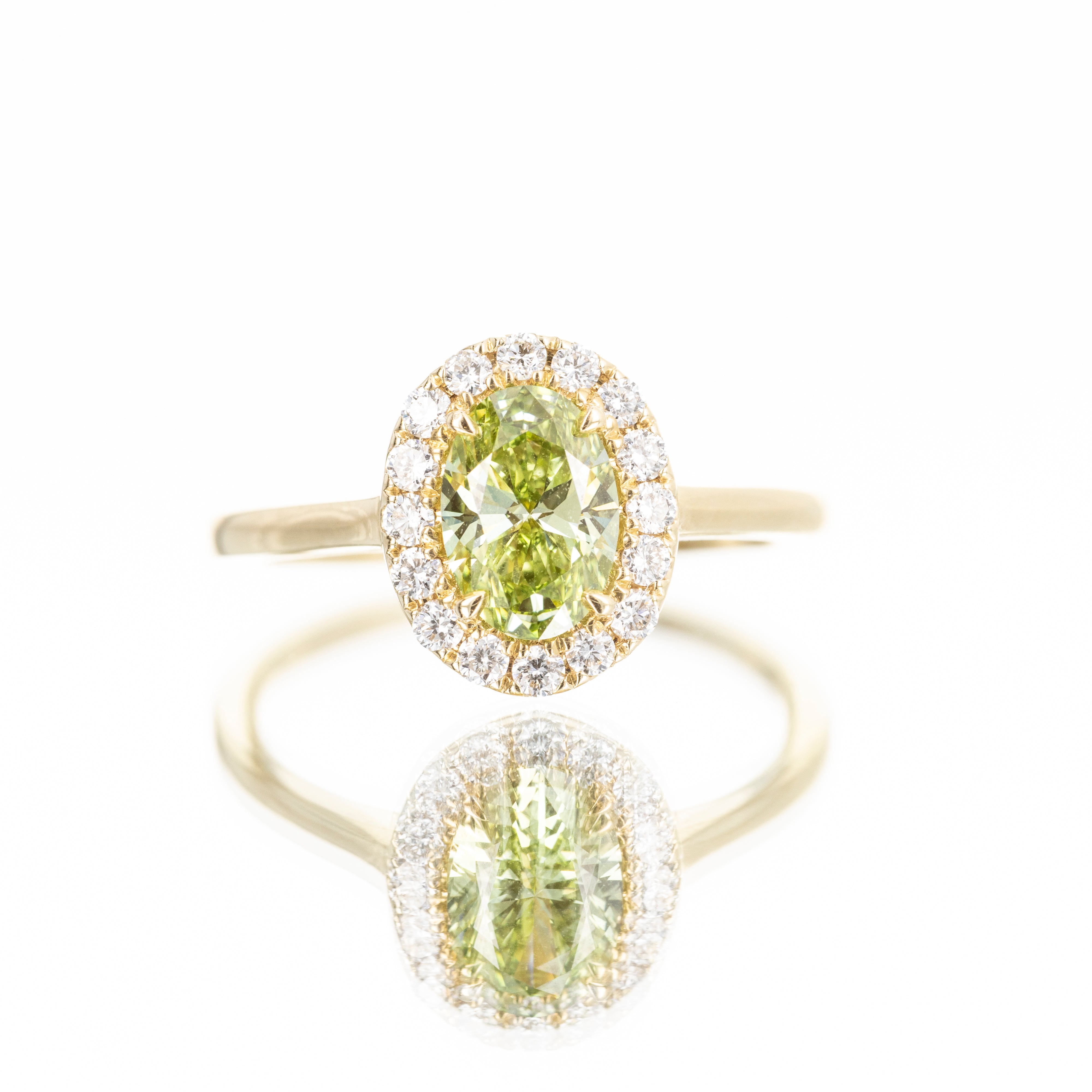 Lab Grown 1 Carat Oval Green Diamond Halo Engagement Ring - Queen May