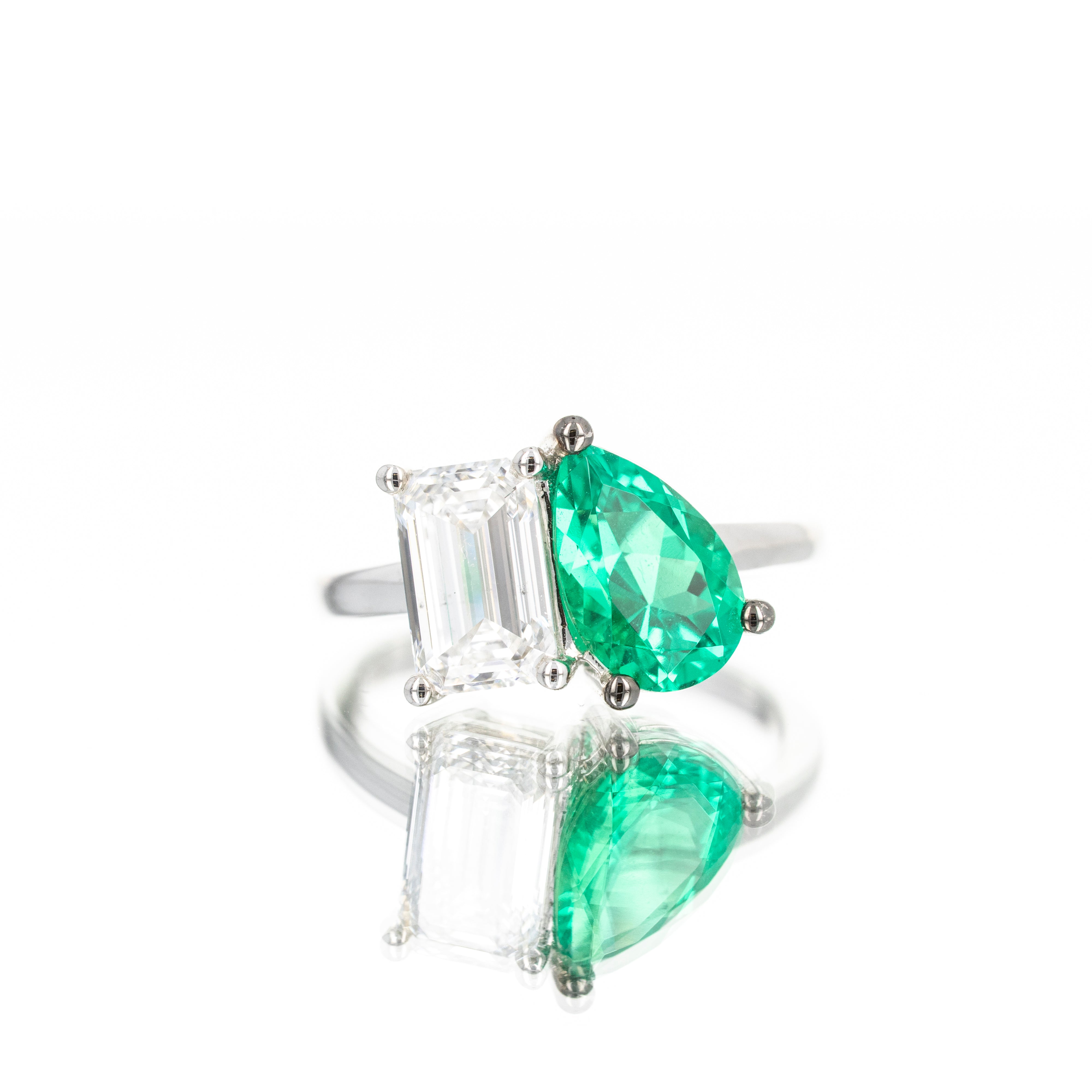 Lab Grown 4 Carat Pear Diamond and Lab Grown Emerald Two Stone Engagement Ring - Queen May