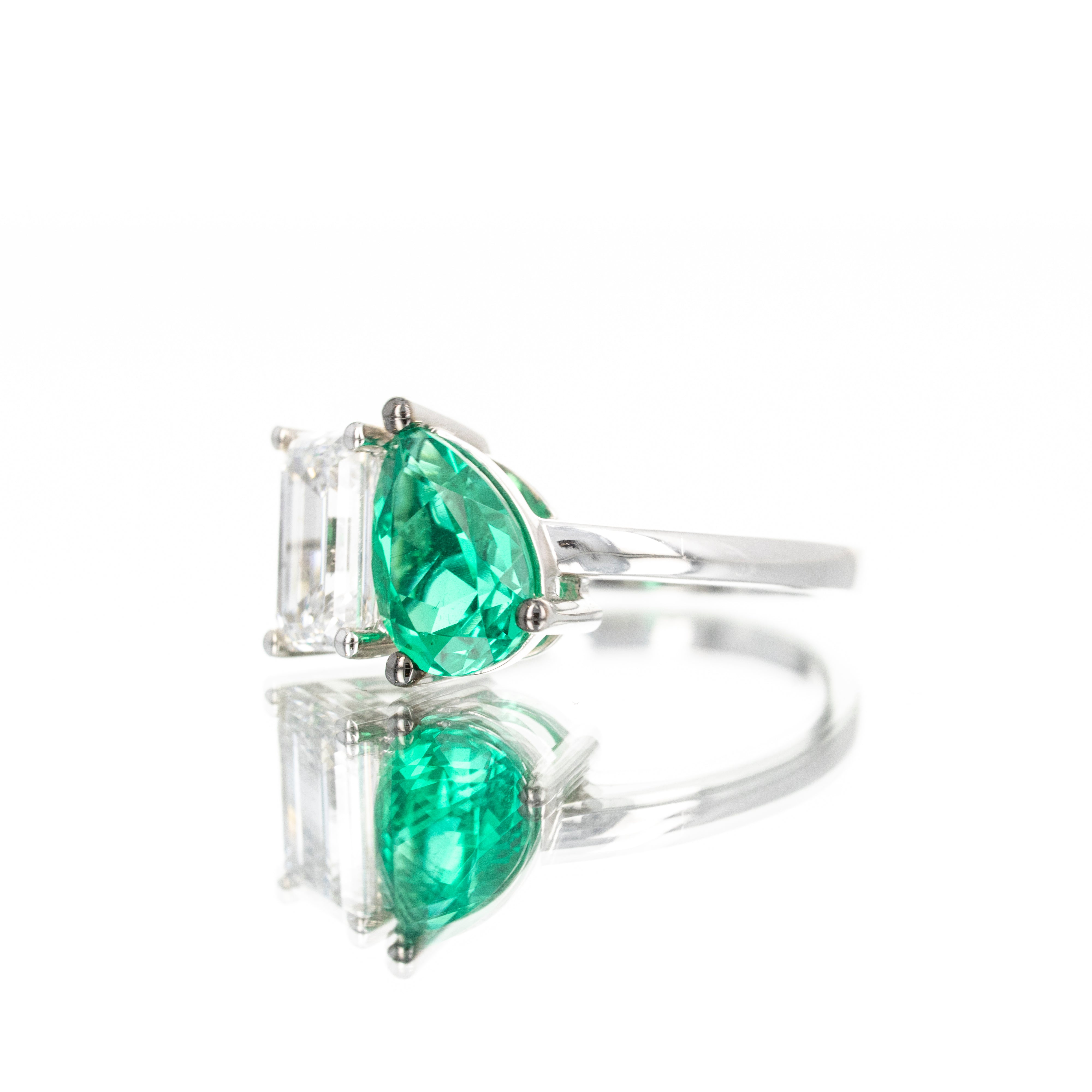 Lab Grown 4 Carat Pear Diamond and Lab Grown Emerald Two Stone Engagement Ring - Queen May
