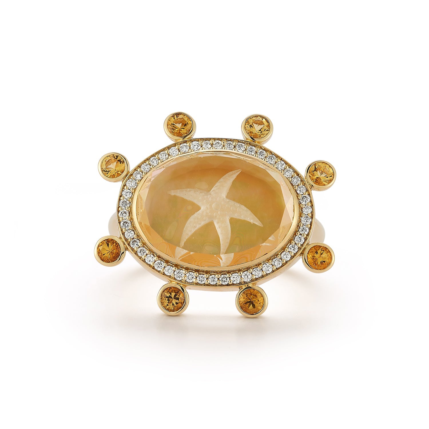 Renna Starfish Caspian Ring - Yellow Mother-of-Pearl, Diamond and Yellow Sapphire - Queen May