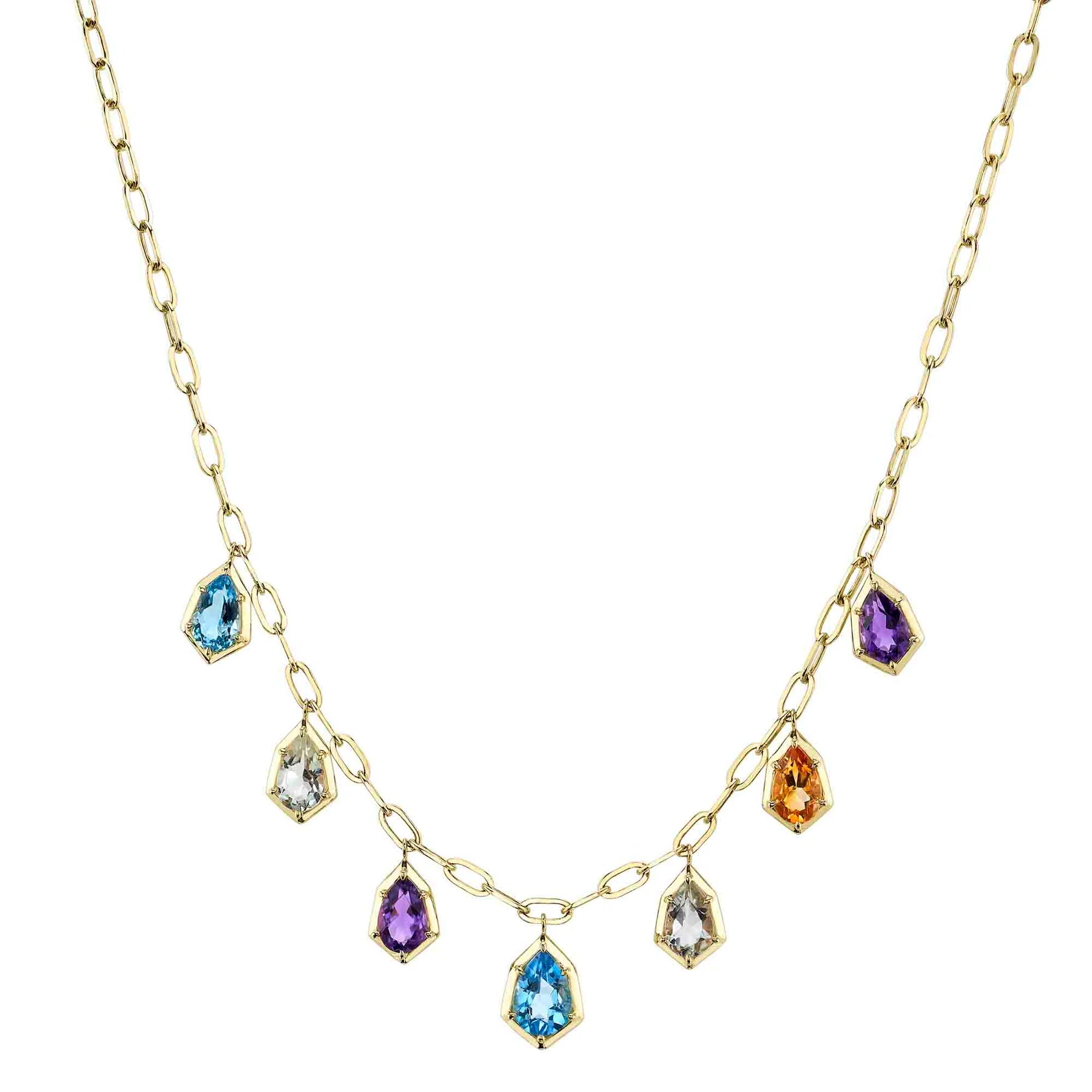 14K Yellow Gold 6.18 Carat Multi-Color Gemstone Fringe Paper Clip Link Necklace - Queen May