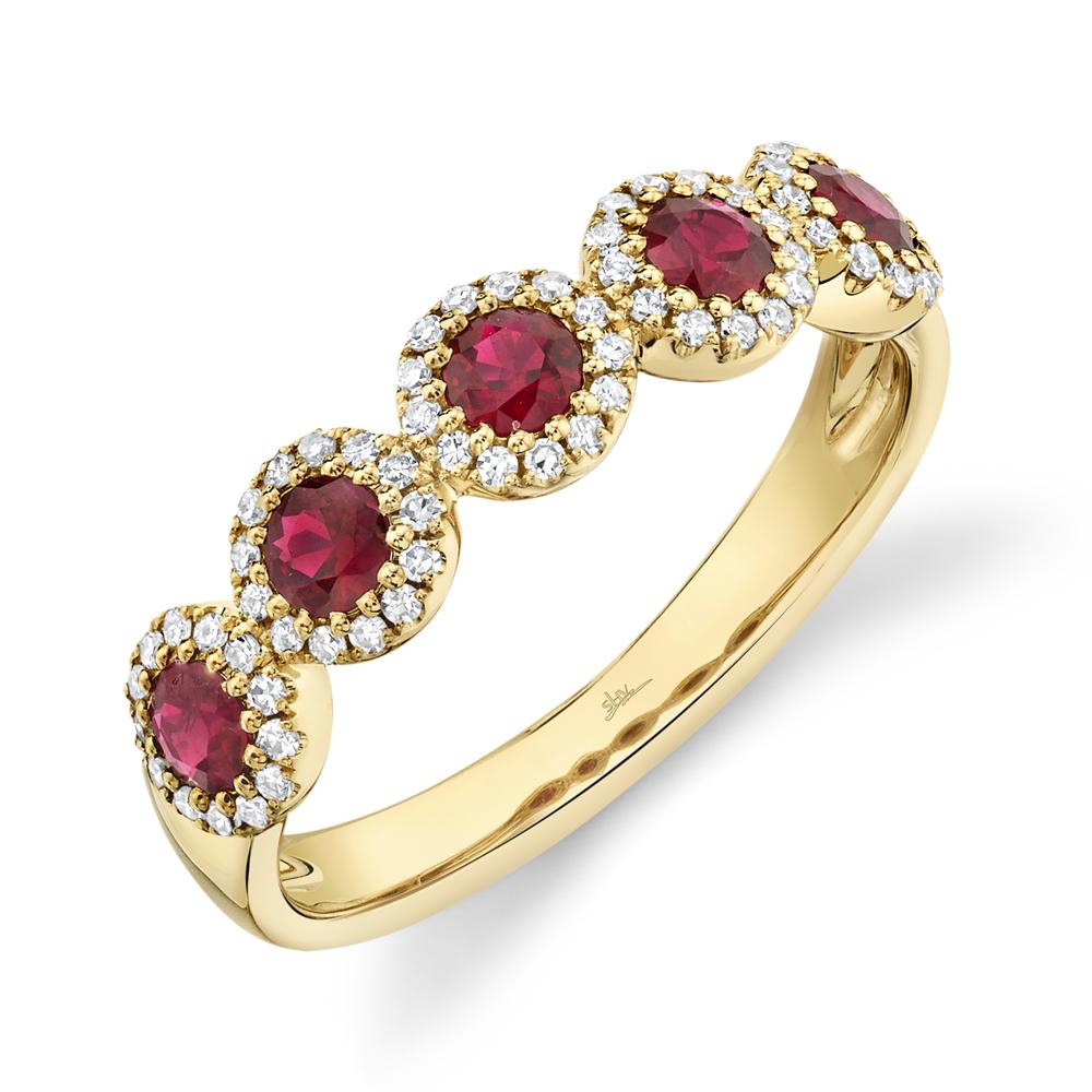 14K Yellow Gold 0.66 Carat Round Ruby Diamond Halo Band - Queen May
