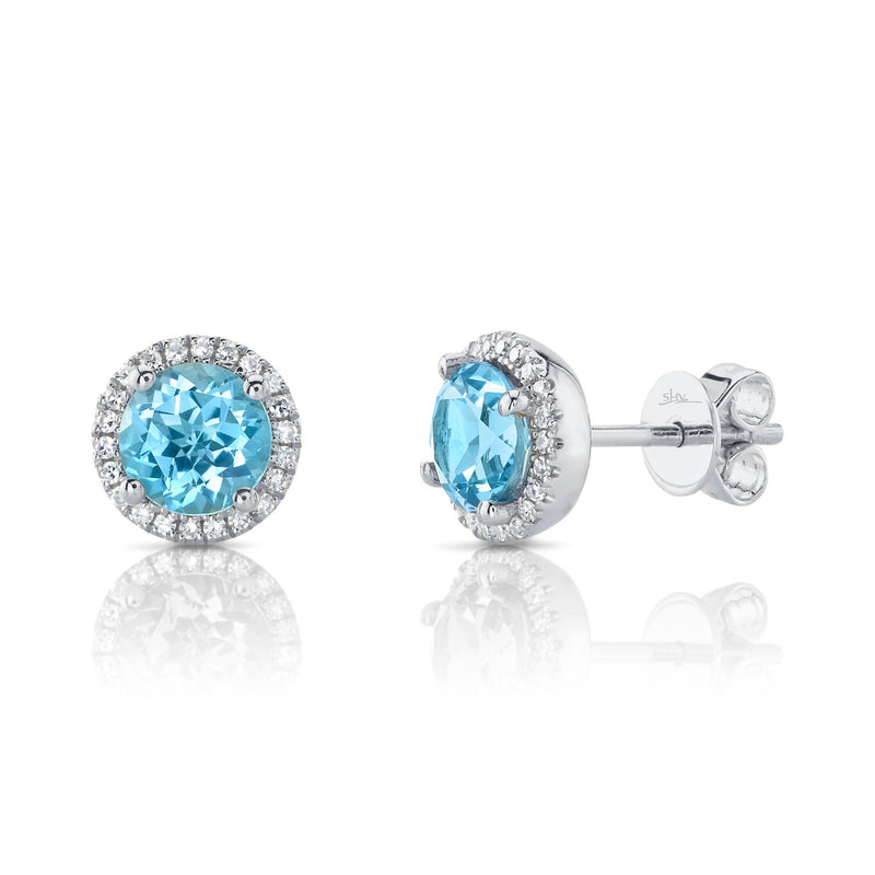 14K Gold 2.06 Carat Blue Topaz Diamond Halo Stud Earrings