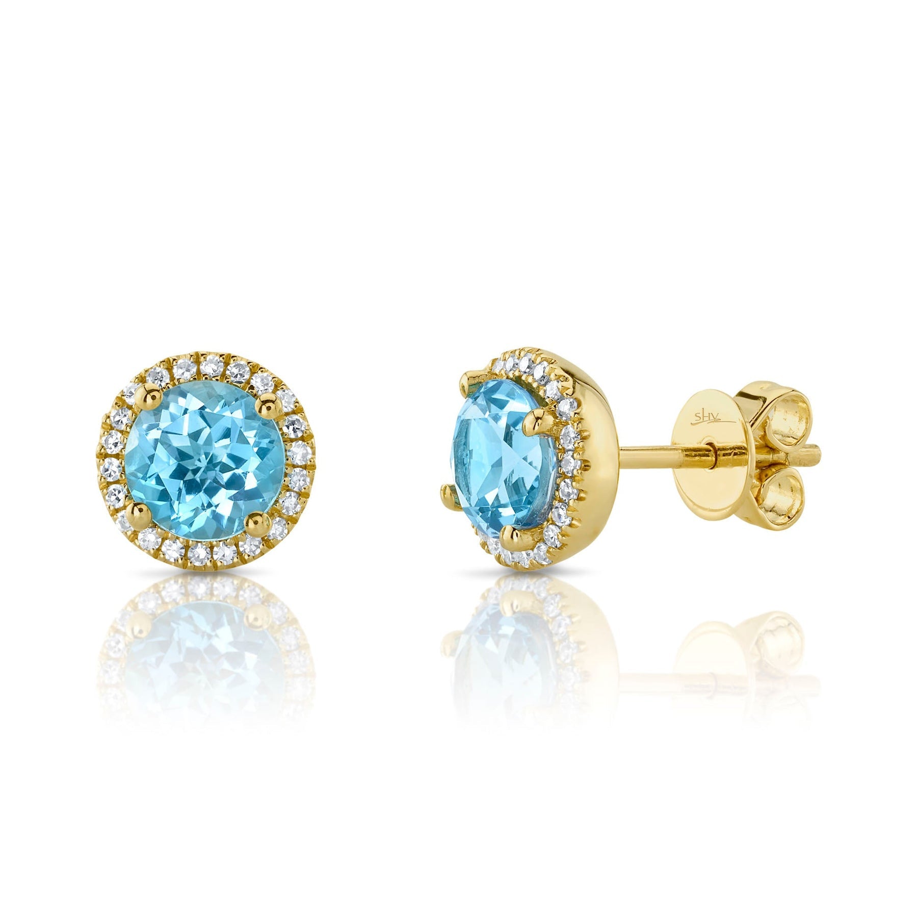 14K Gold 2.06 Carat Blue Topaz Diamond Halo Stud Earrings