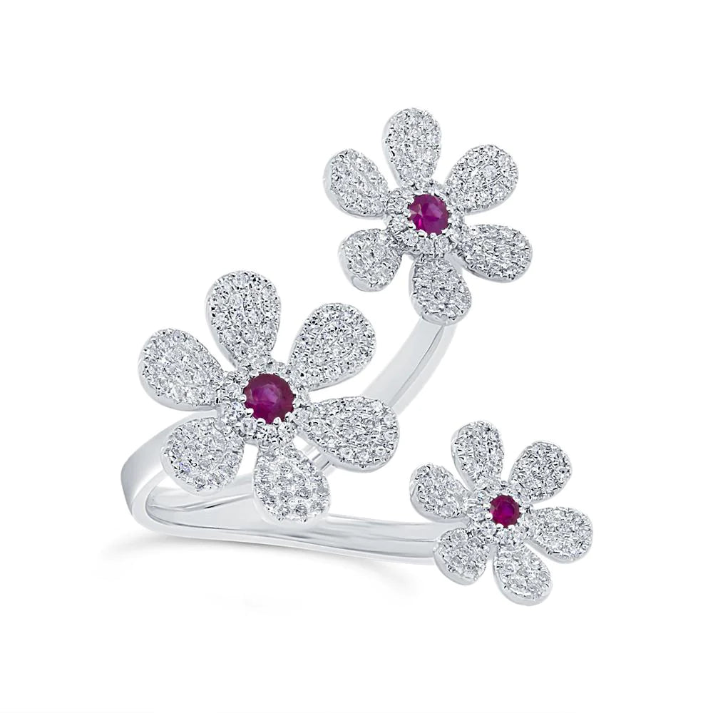 14K White Gold Diamond & Ruby Flower Ring - Queen May