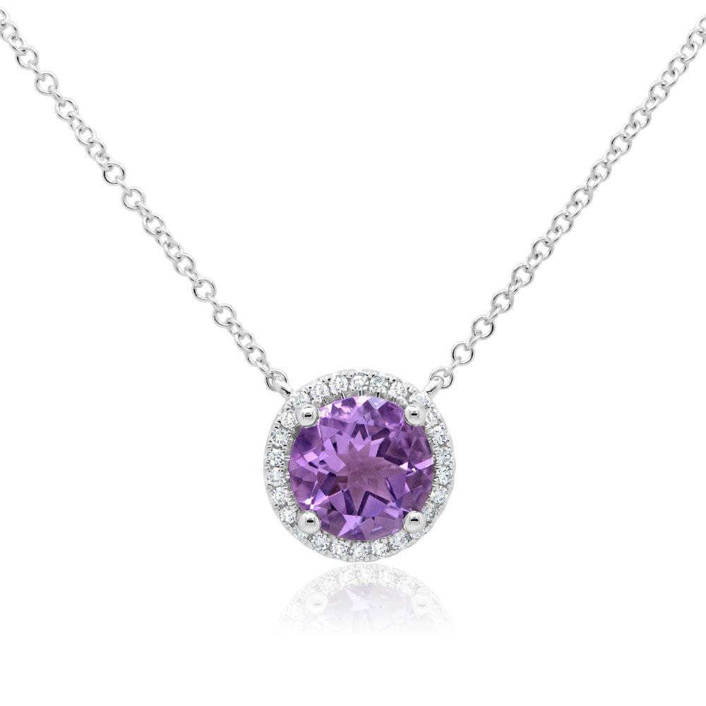 14K Gold 1.10 Carat Amethyst Diamond Halo Pendant Necklace
