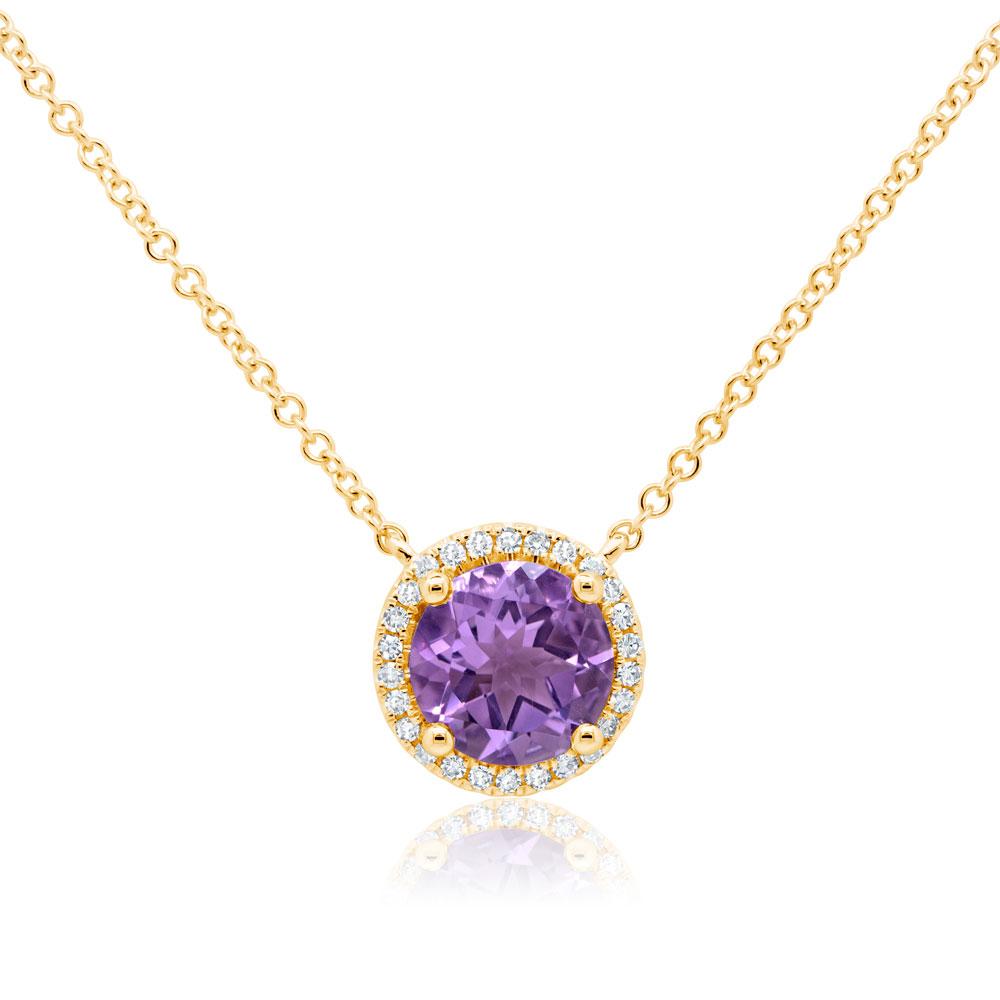 14K Gold 1.10 Carat Amethyst Diamond Halo Pendant Necklace
