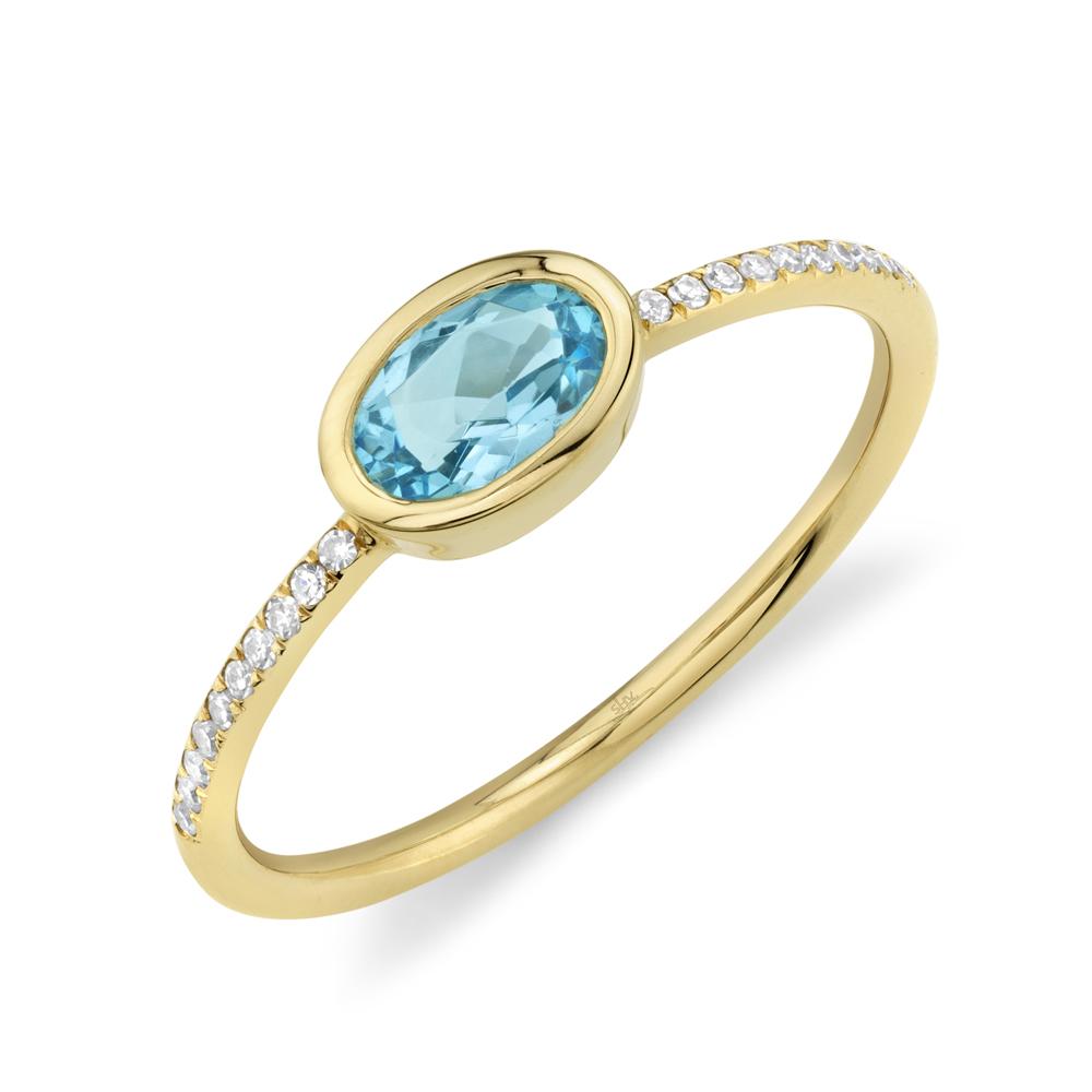 14K Yellow Gold 0.07 Carat Oval Blue Topaz Diamond Bezel Ring - Queen May
