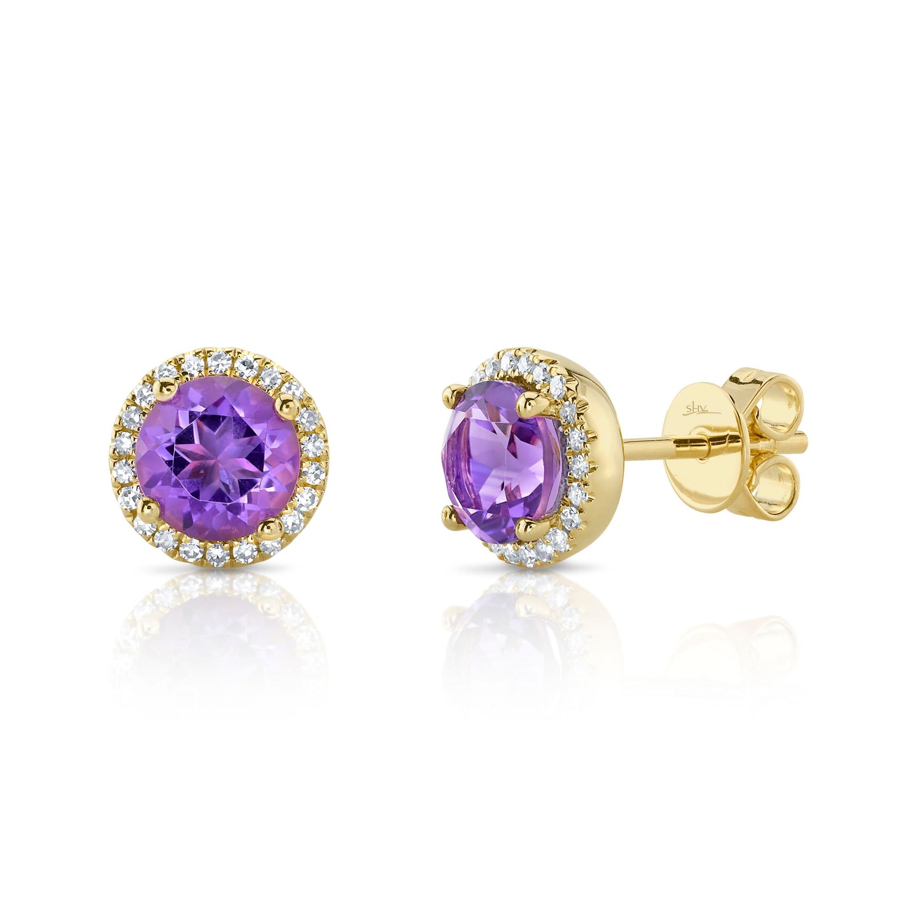 14K Gold 1.61 Carat Amethyst Diamond Halo Stud Earrings