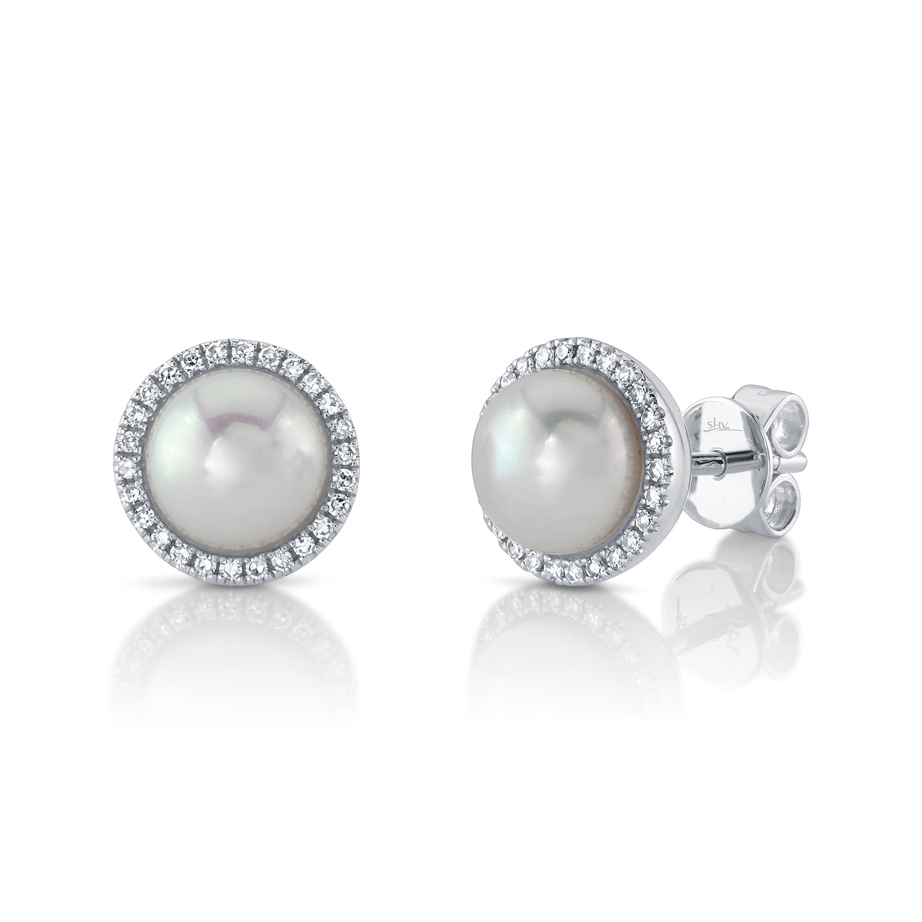 14K Gold 0.16 Carat Diamond Cultured Pearl Stud Earring - Queen May