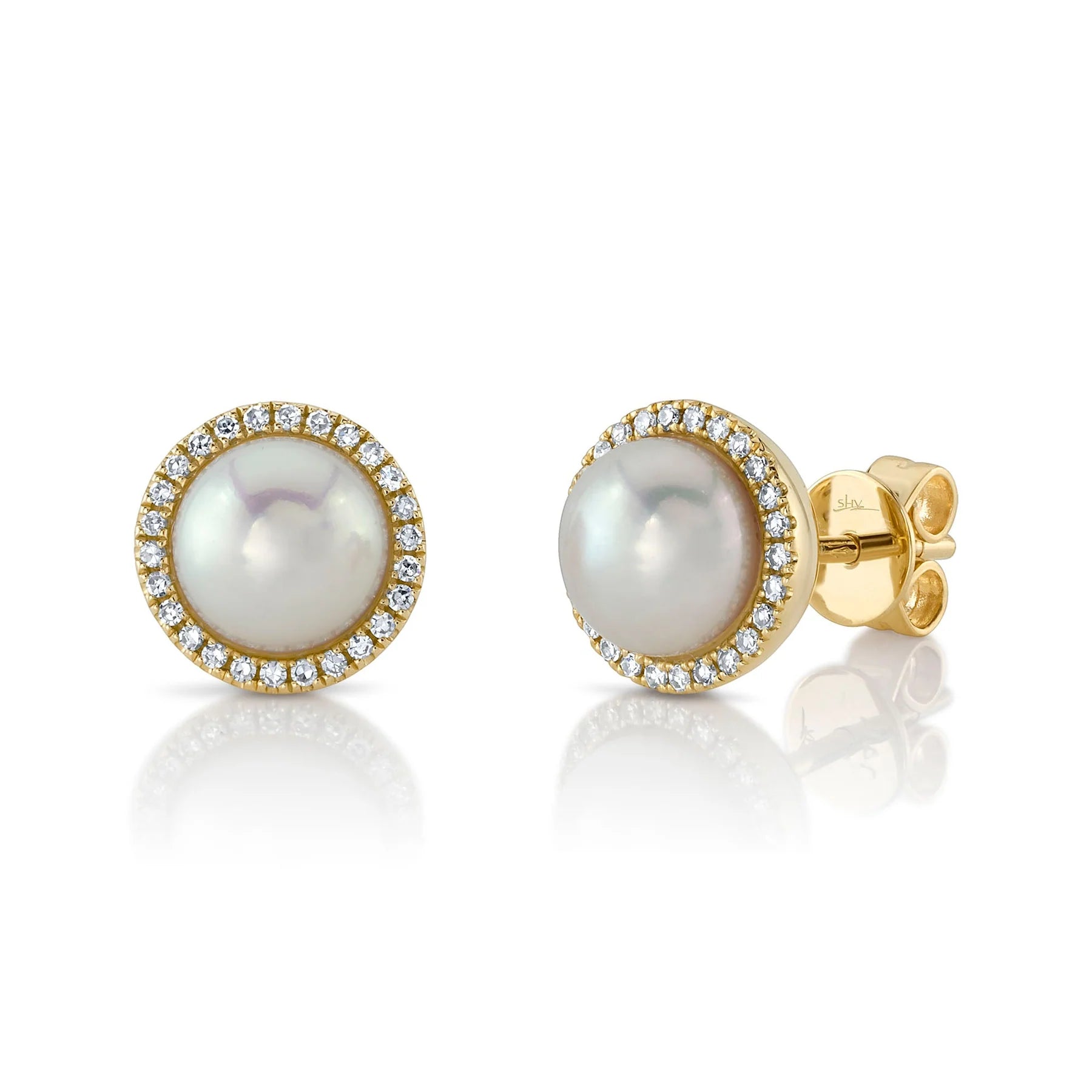14K Yellow Gold 0.16 Carat Diamond Cultured Pearl Stud Earring - Queen May