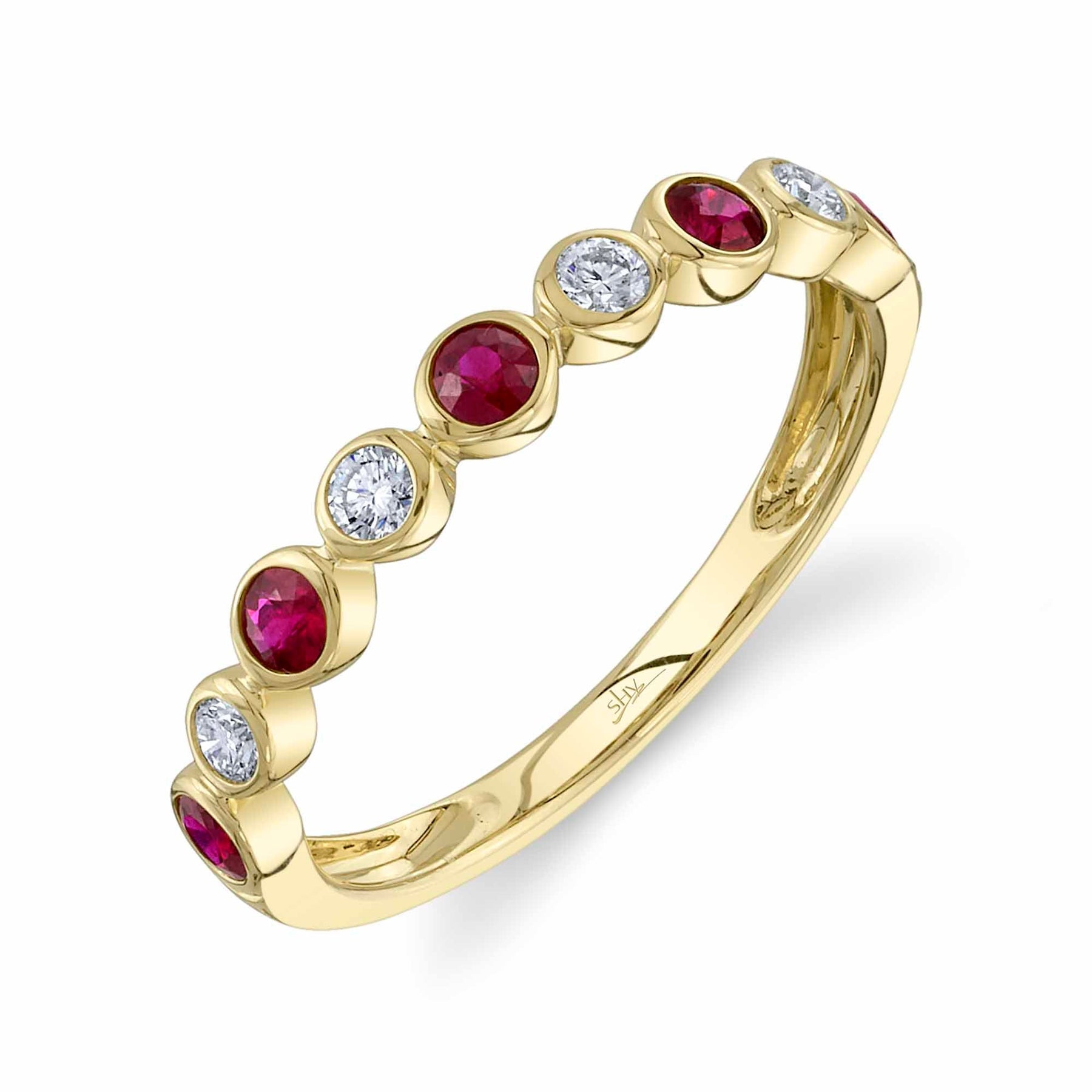 14K Gold 0.36 Carat Round Ruby Diamond Bezel Band - Queen May