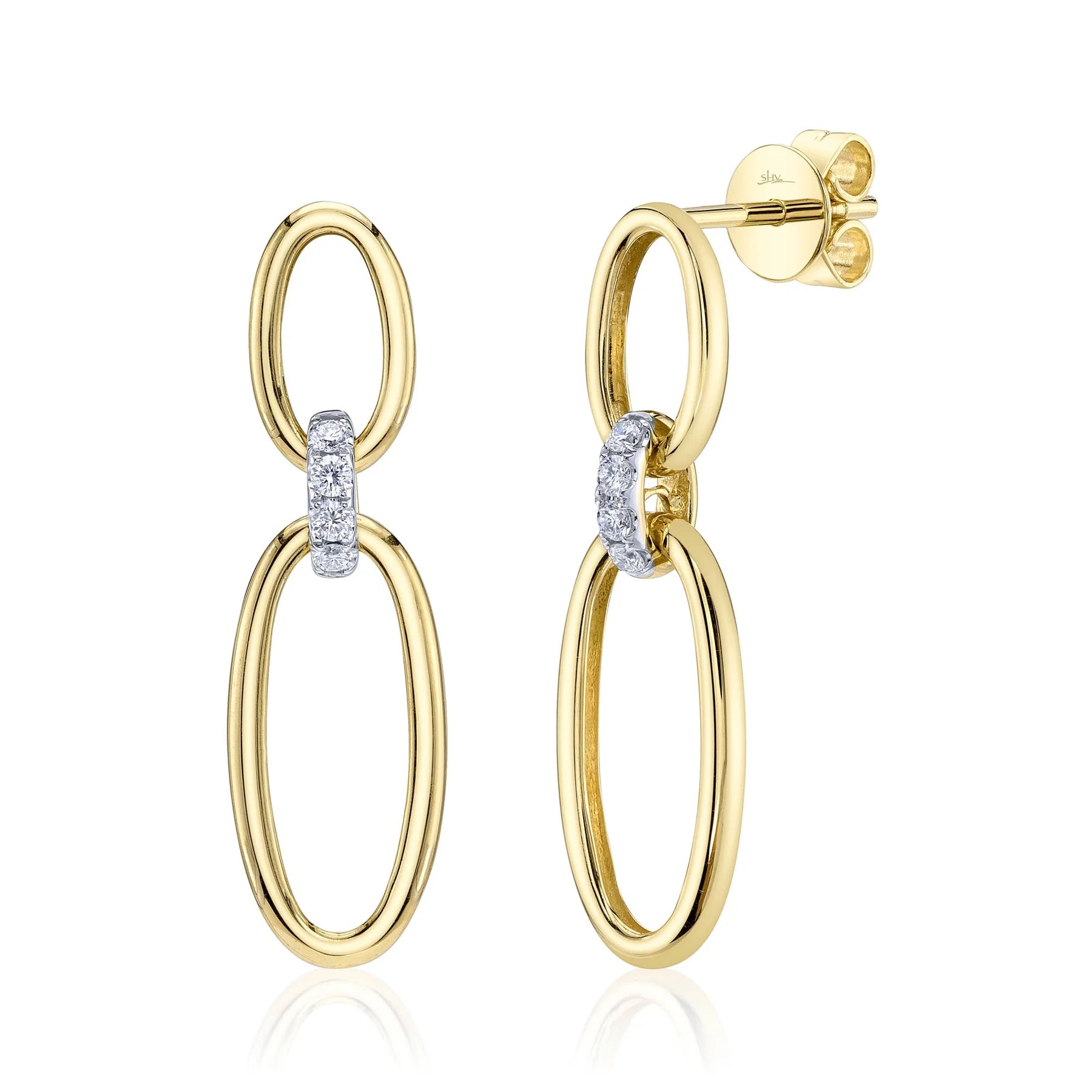 14K Yellow Gold 0.10 Carat Diamond Interlocking Oval Drop Earrings - Queen May